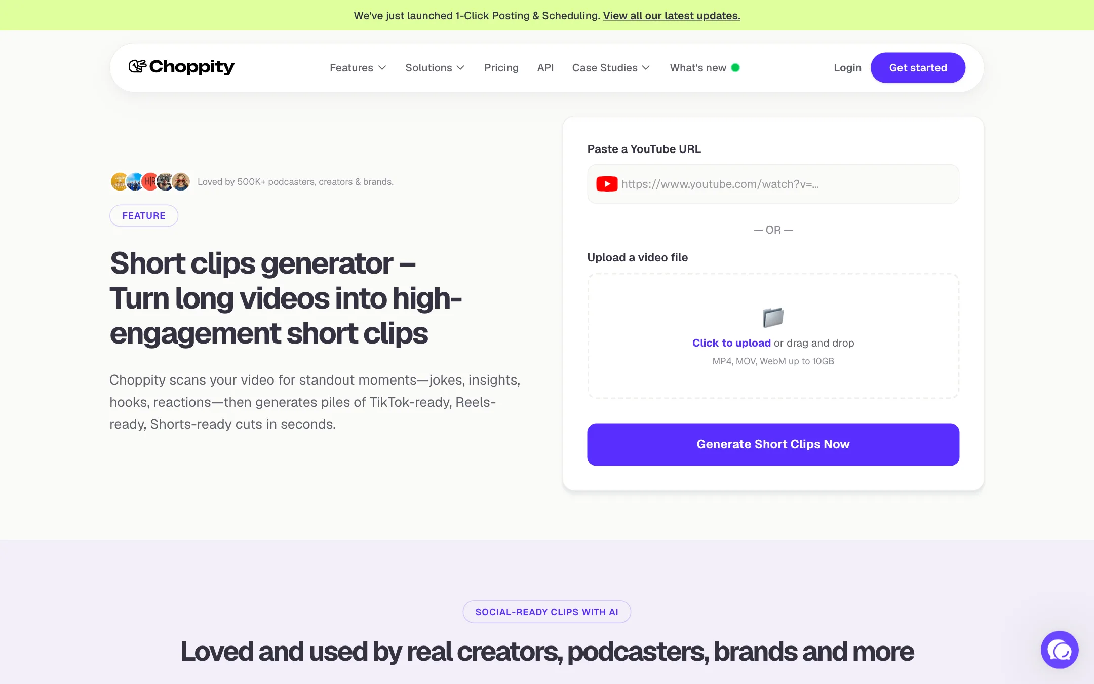 Choppity short clips generator page with YouTube URL field and file upload up to 10GB
