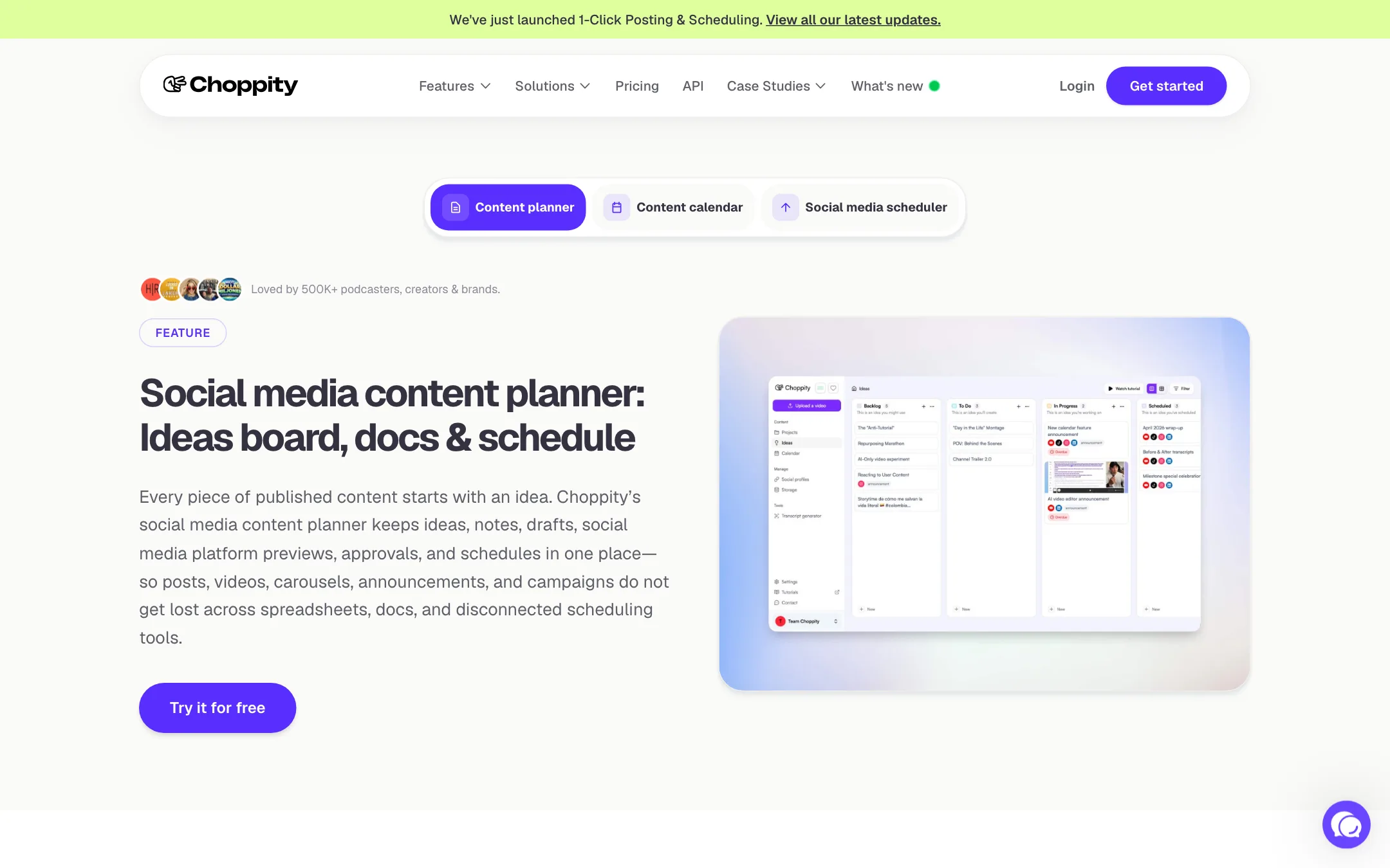Choppity content planner with a Kanban ideas board