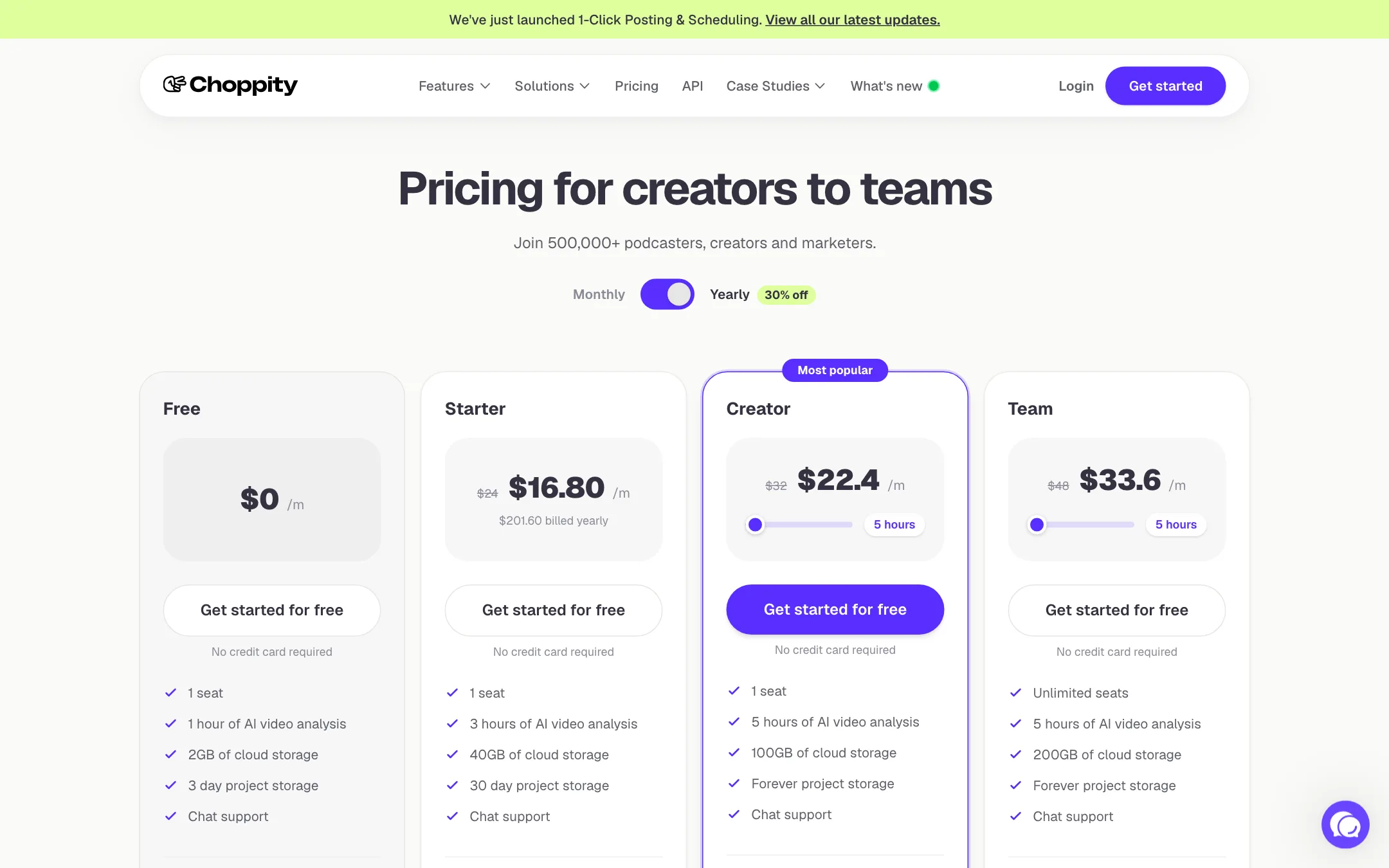 Choppity pricing with Free, Starter, Creator and Team plans on yearly billing
