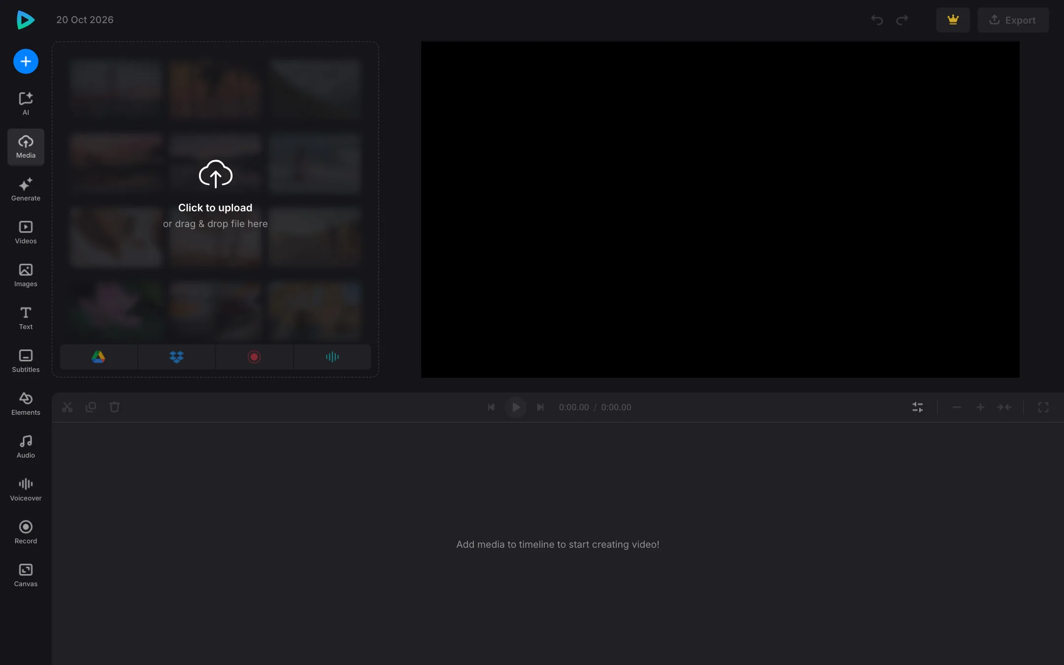 Clideo browser video editor with an empty timeline and a sidebar of media, text, subtitles and AI tabs
