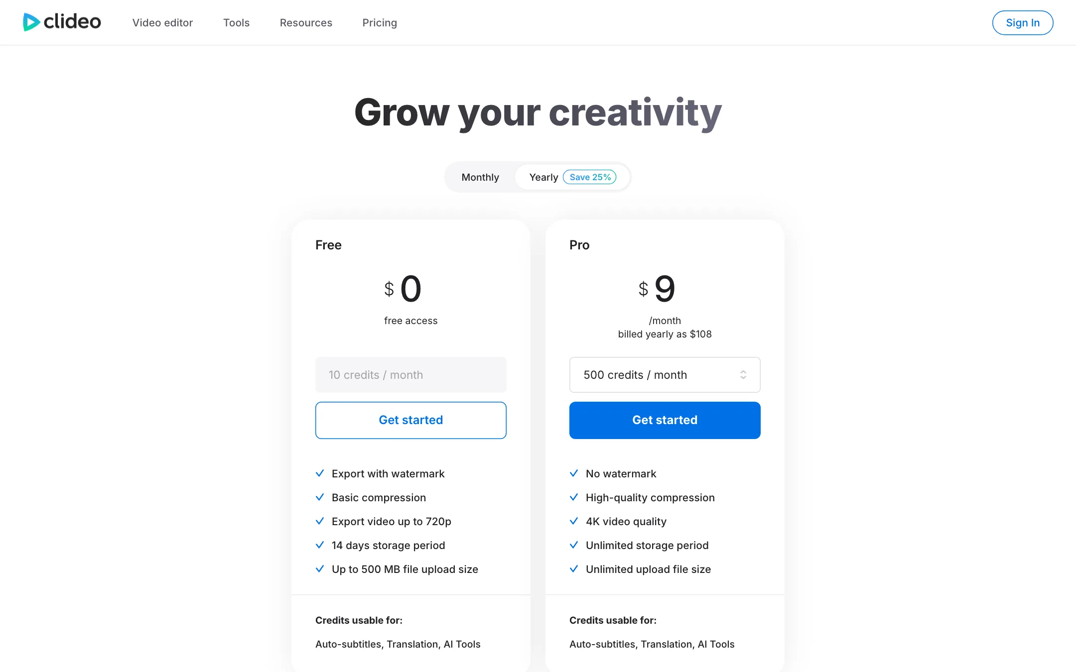 Clideo pricing page with Free and Pro plans