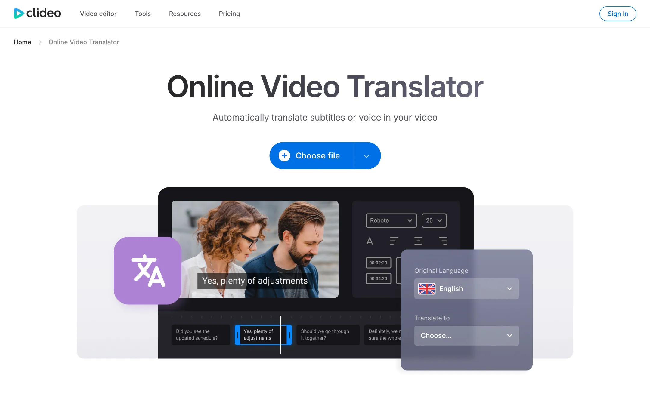 Clideo online video translator landing page