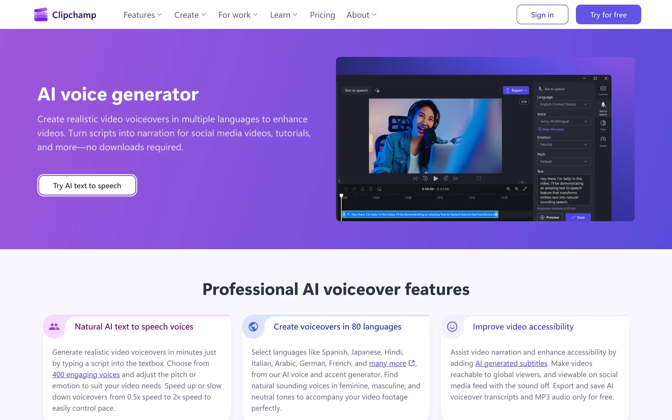Clipchamp AI voice generator page showing the text to speech panel with language, voice, emotion and pitch settings