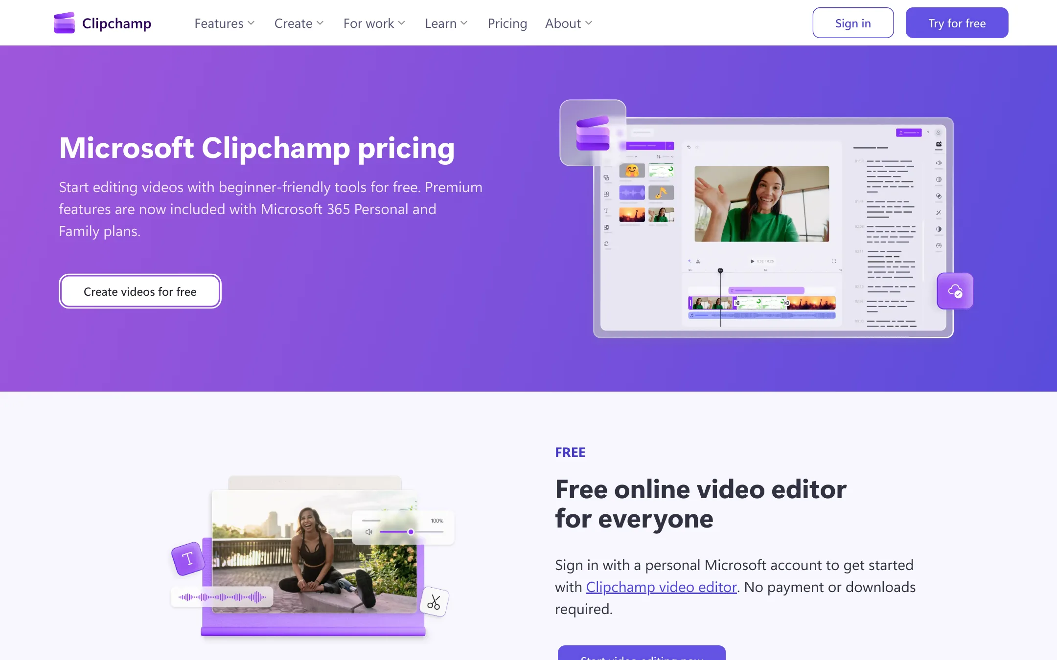 Microsoft Clipchamp pricing page saying premium features are included with Microsoft 365 Personal and Family