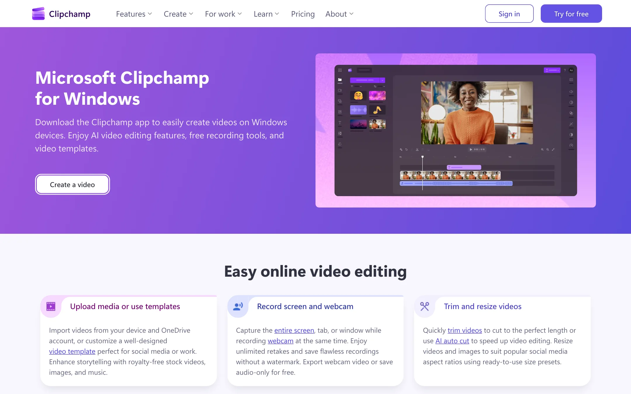 Microsoft Clipchamp for Windows page with the desktop editor