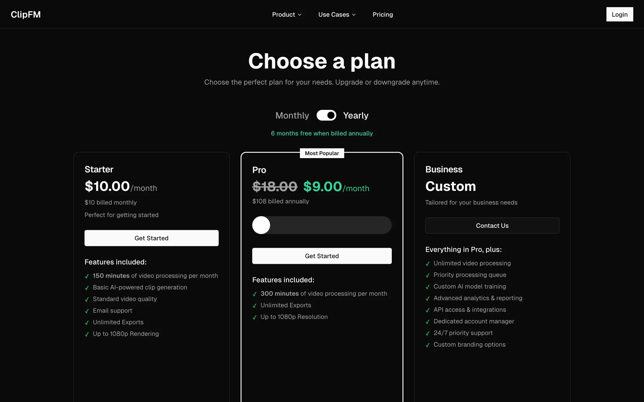 ClipFM pricing page with Starter, Pro and Business plans