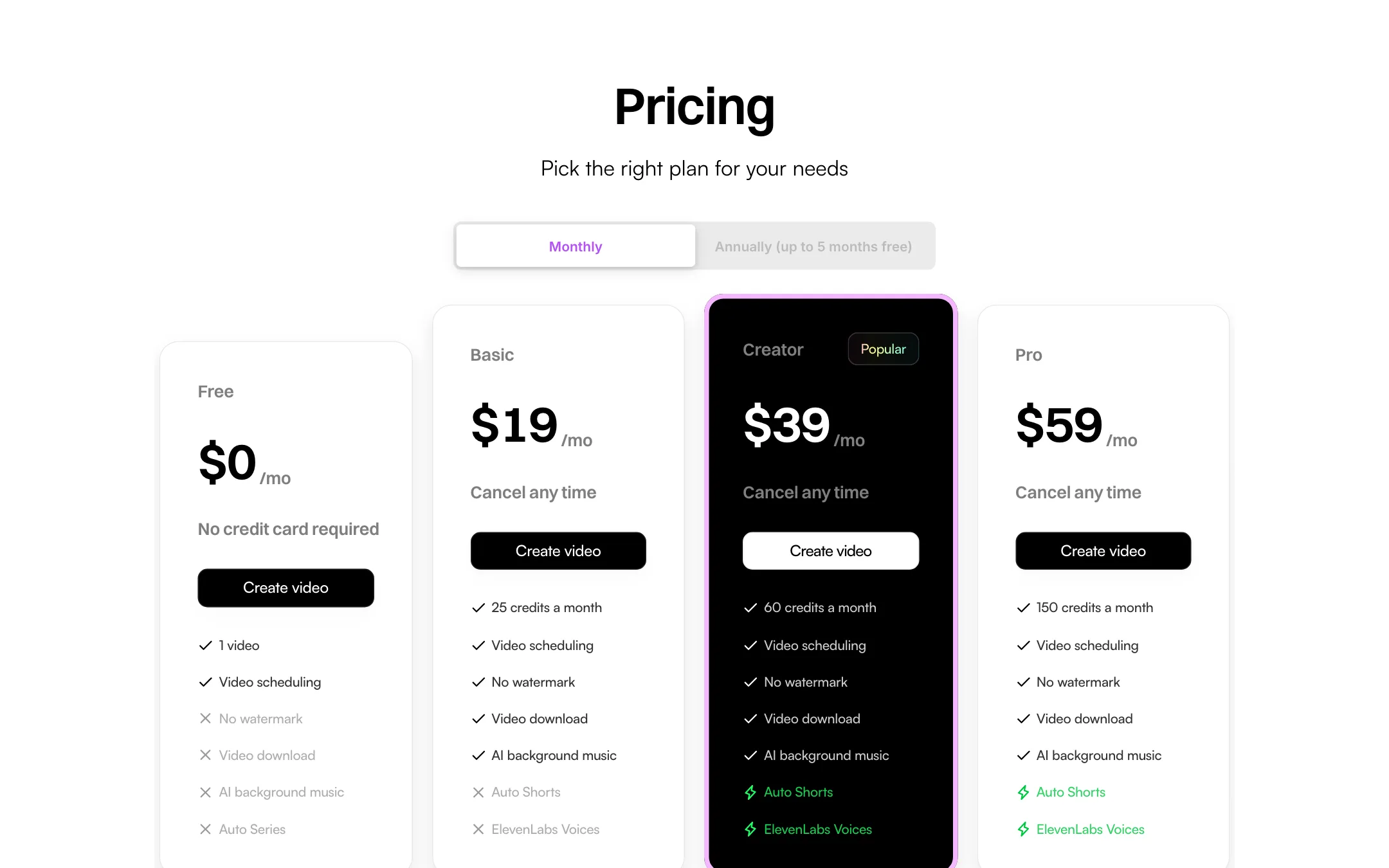 Cliplama pricing cards for Free, Basic, Creator and Pro plans