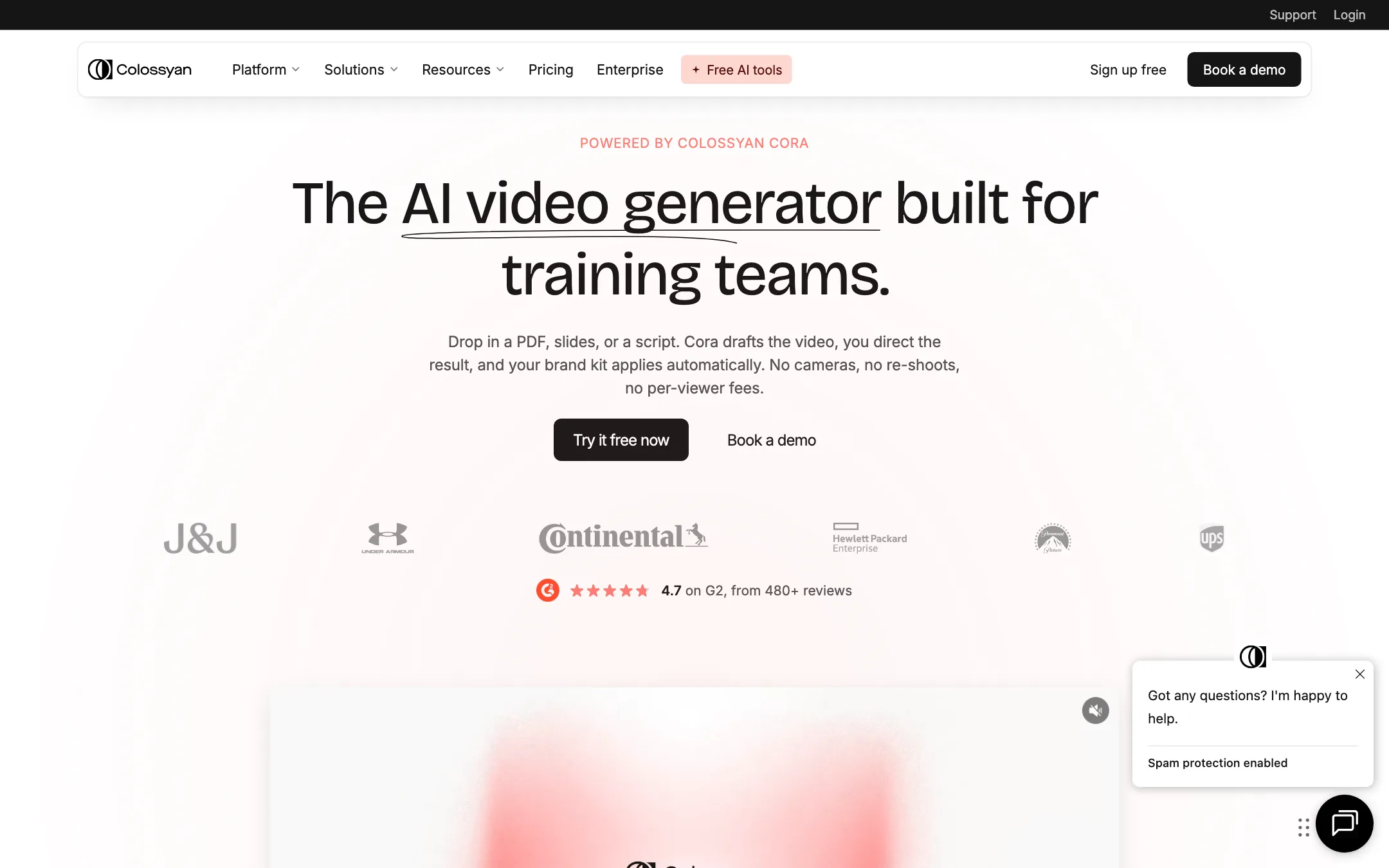 Colossyan AI Video Generator page powered by Cora