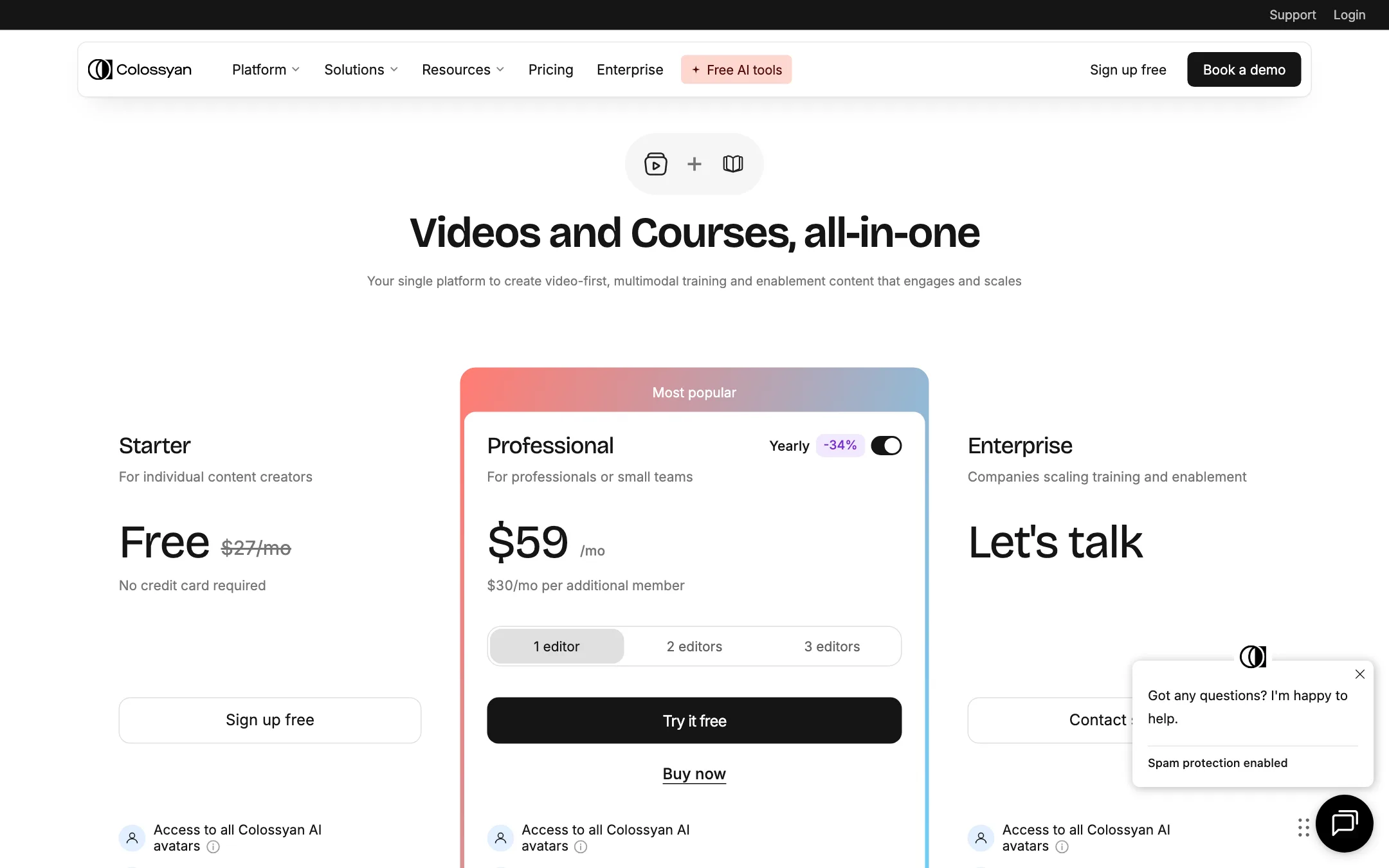 Colossyan pricing page with Starter, Professional and Enterprise plans