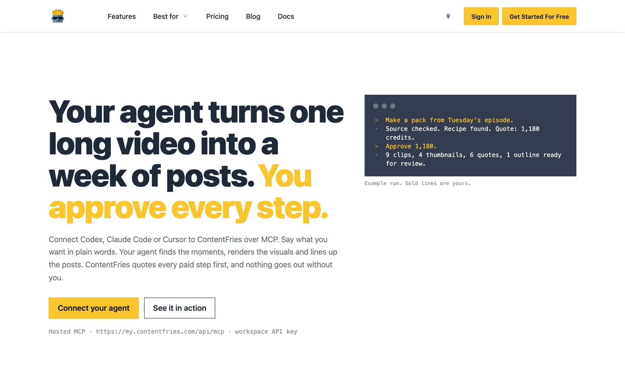 ContentFries agents page with an example MCP run quoting credits before approval
