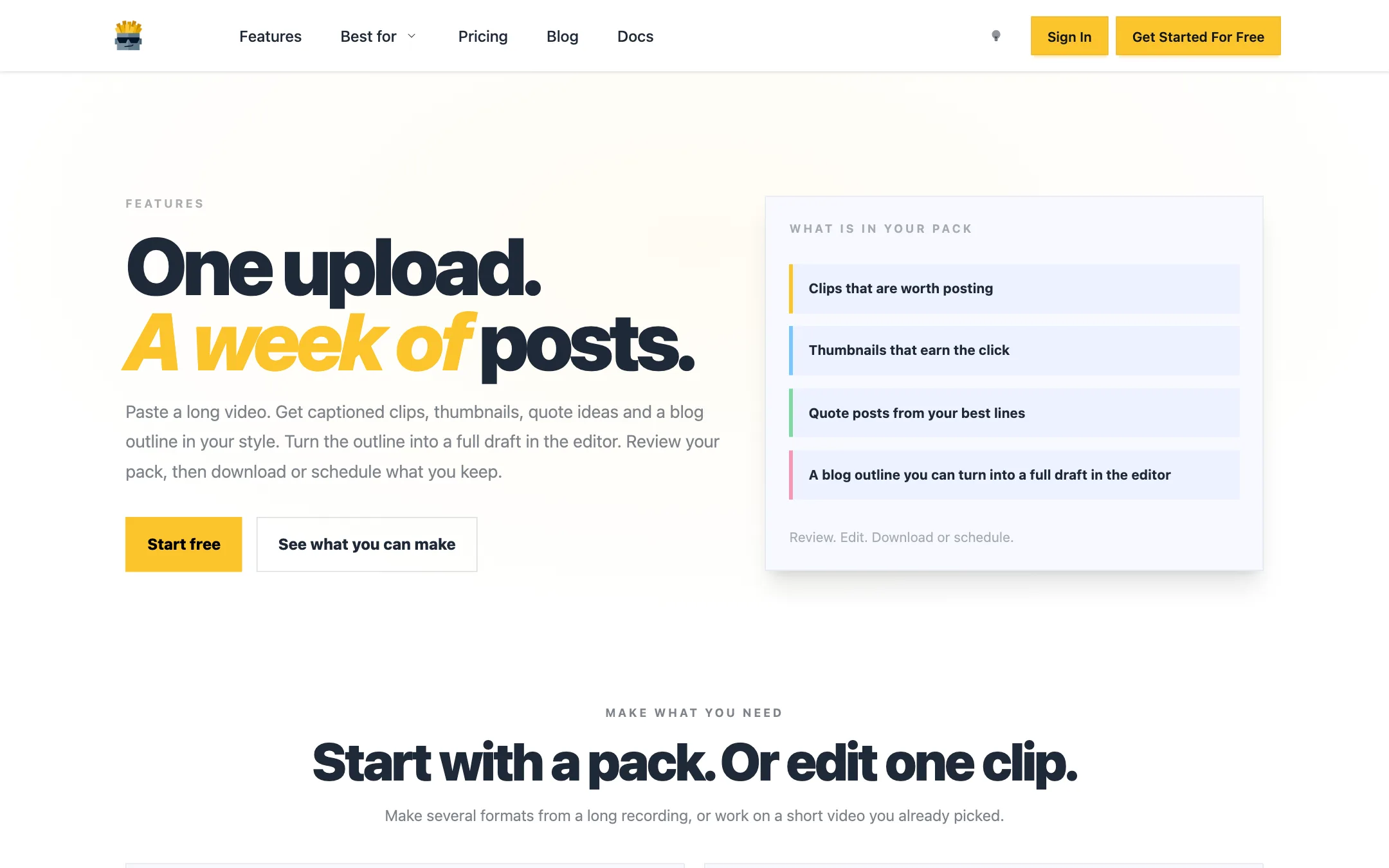 ContentFries features page listing clips, thumbnails, quote posts and blog outline