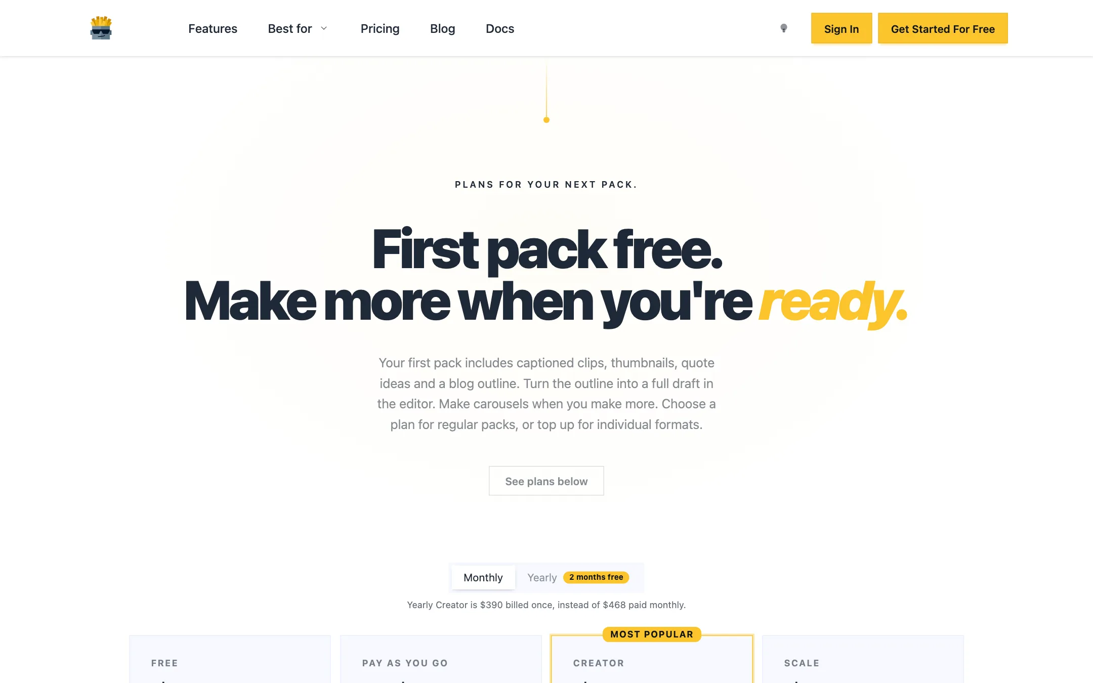 ContentFries pricing page: First pack free. Make more when you are ready.