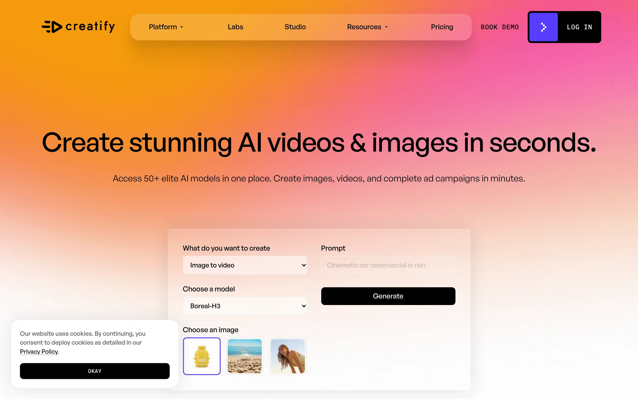 Creatify Model Playground page with model picker for Veo 3.1, Kling and Seedance