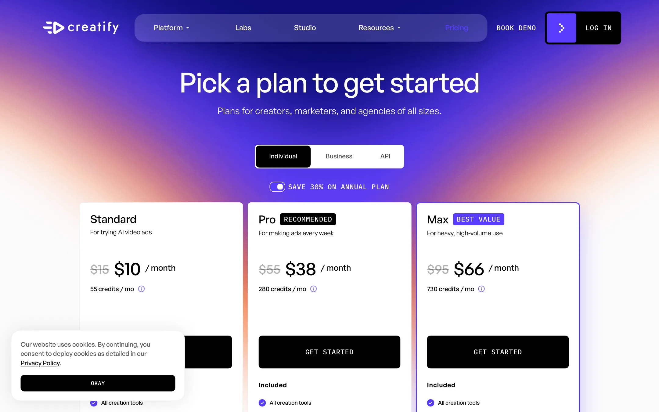 Creatify pricing page with Standard, Pro and Max plans