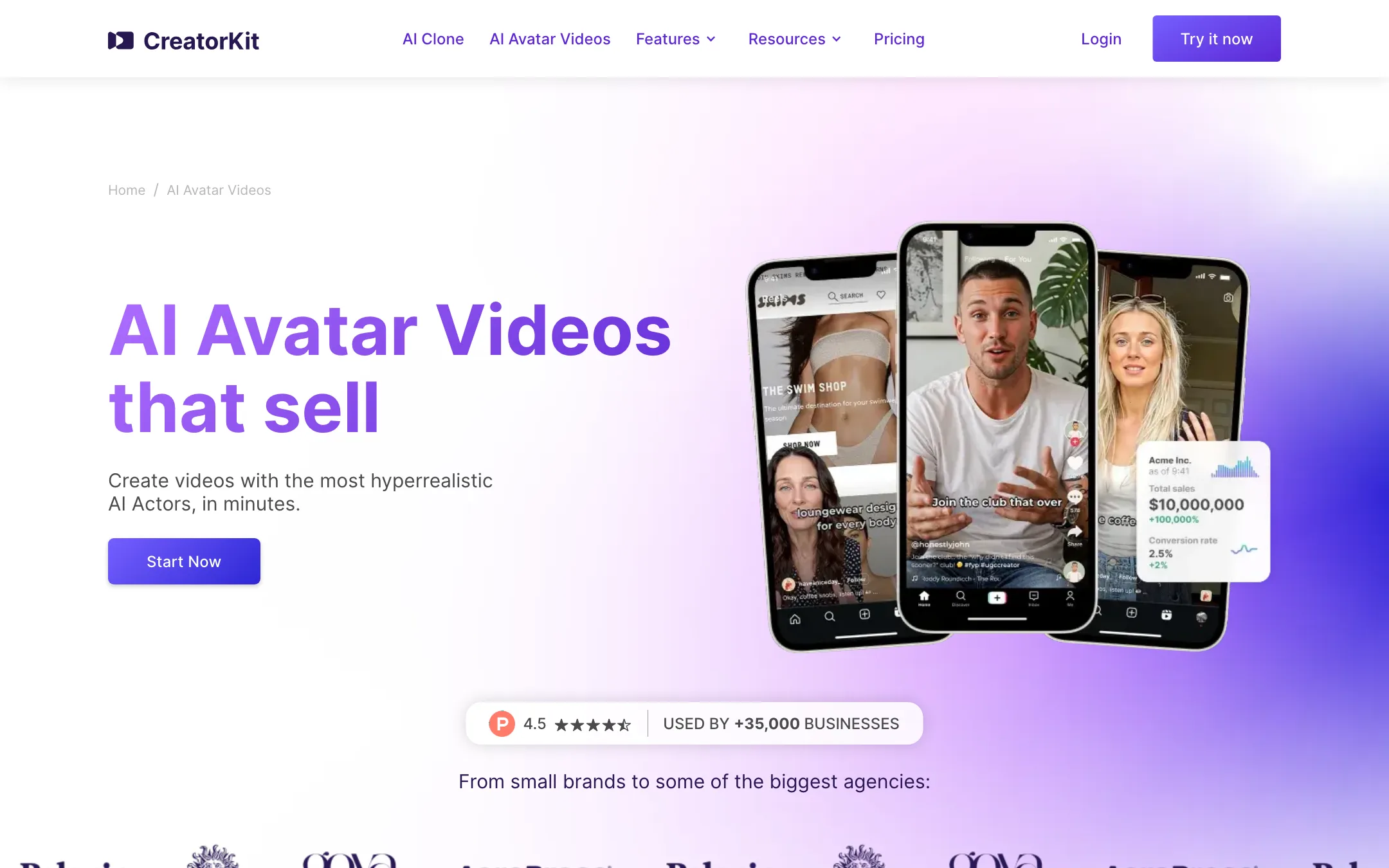 CreatorKit AI Avatar Videos page showing UGC-style actors on phone screens