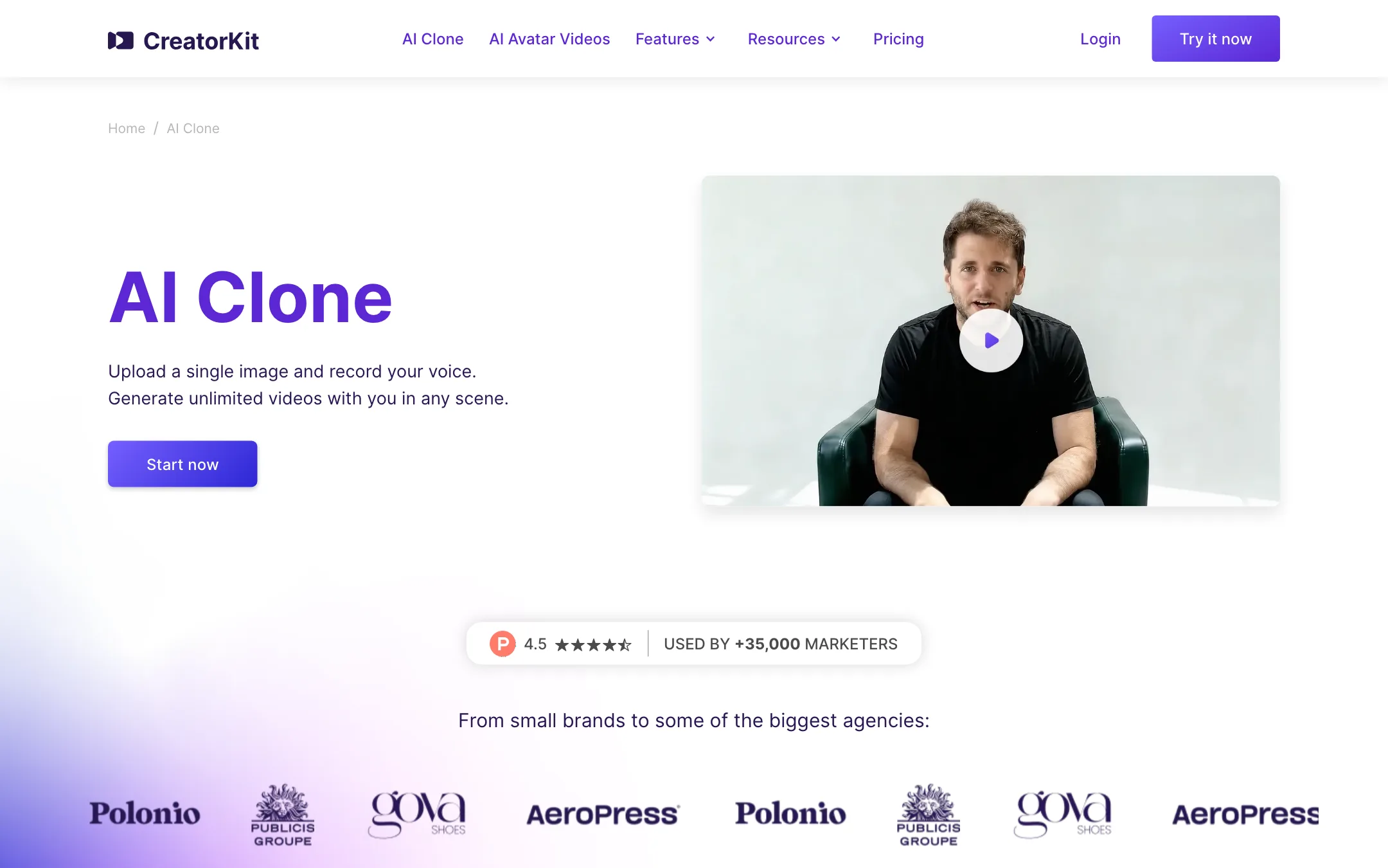 CreatorKit AI Clone page: upload a single image and record your voice
