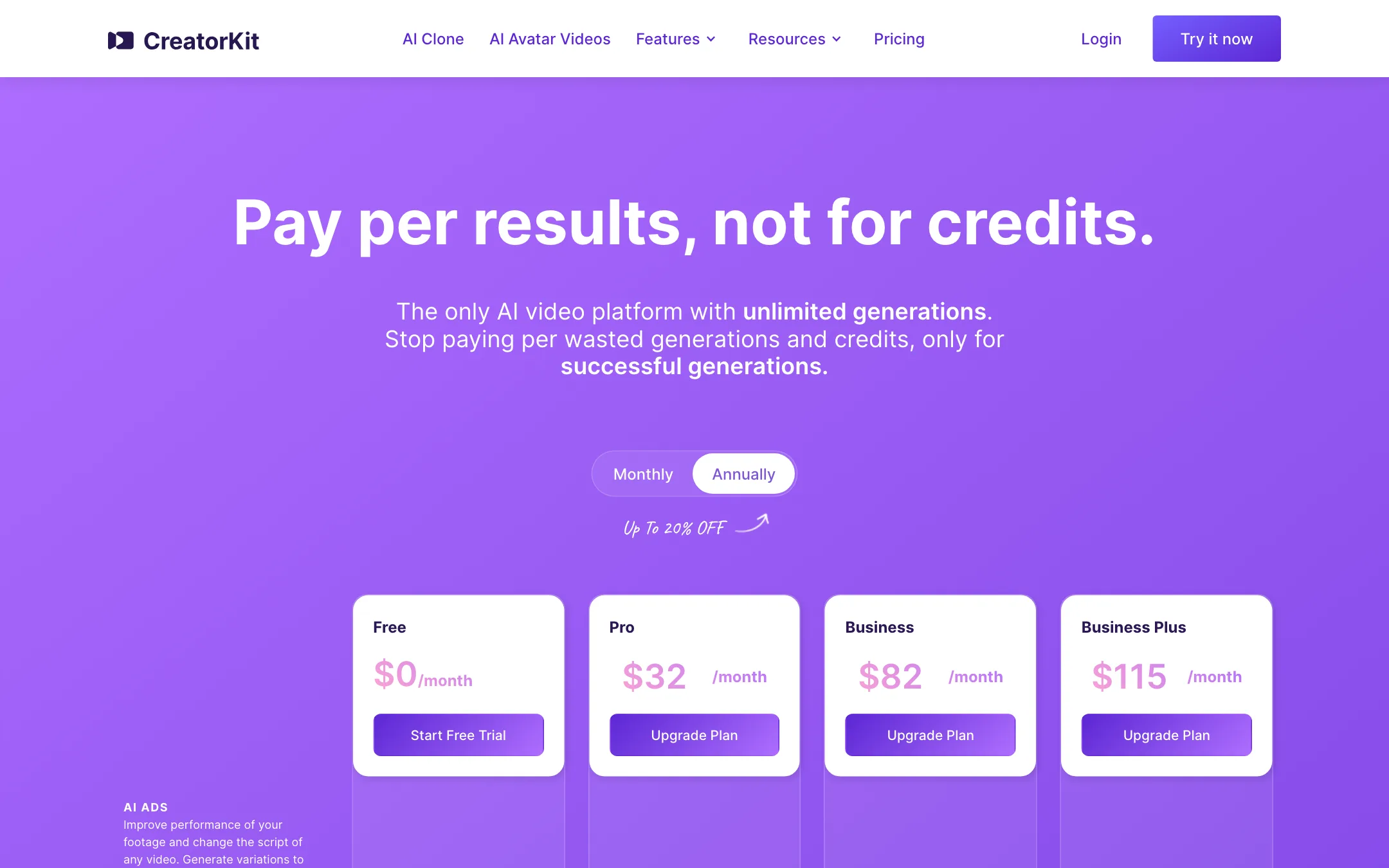 CreatorKit pricing page with Free, Pro, Business and Business Plus plans