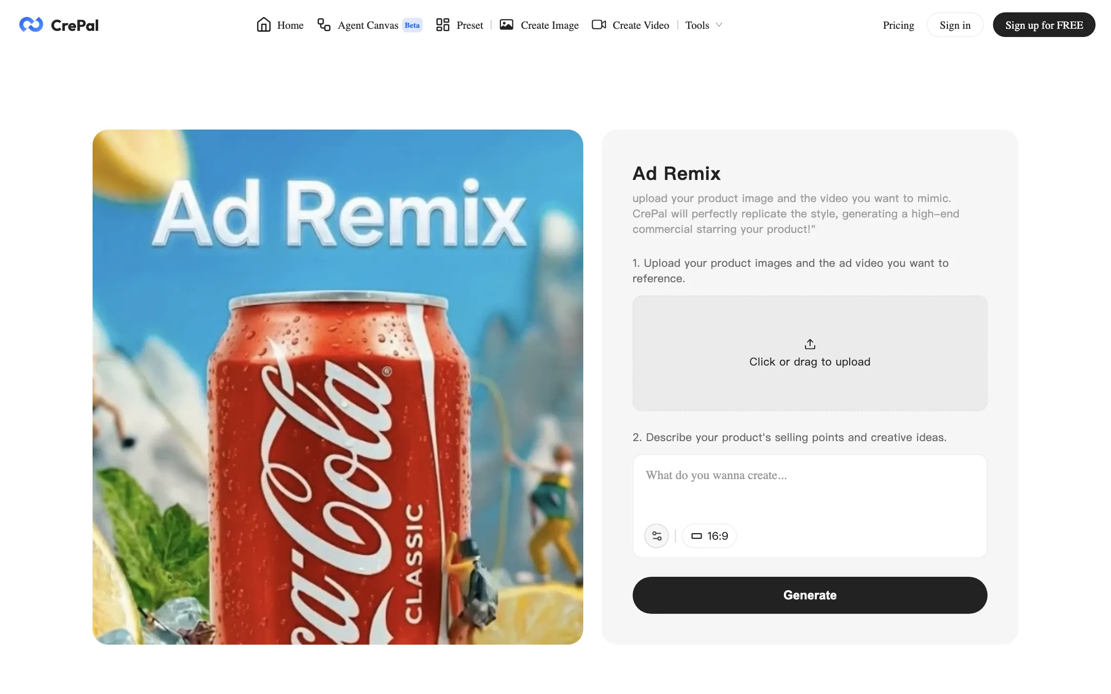 CrePal Ad Remix mini app with product image and reference video upload