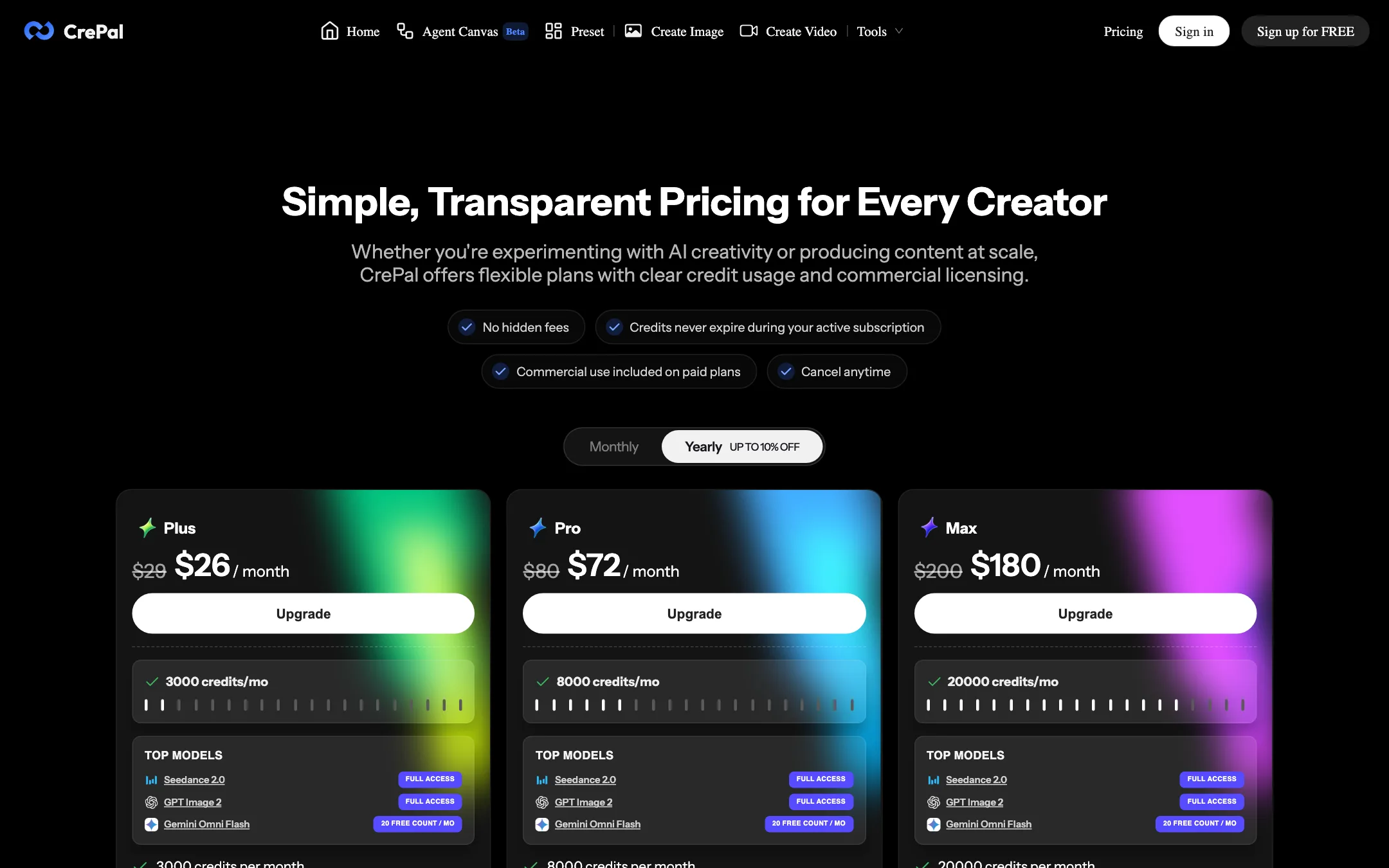 CrePal pricing page with Plus, Pro and Max plans
