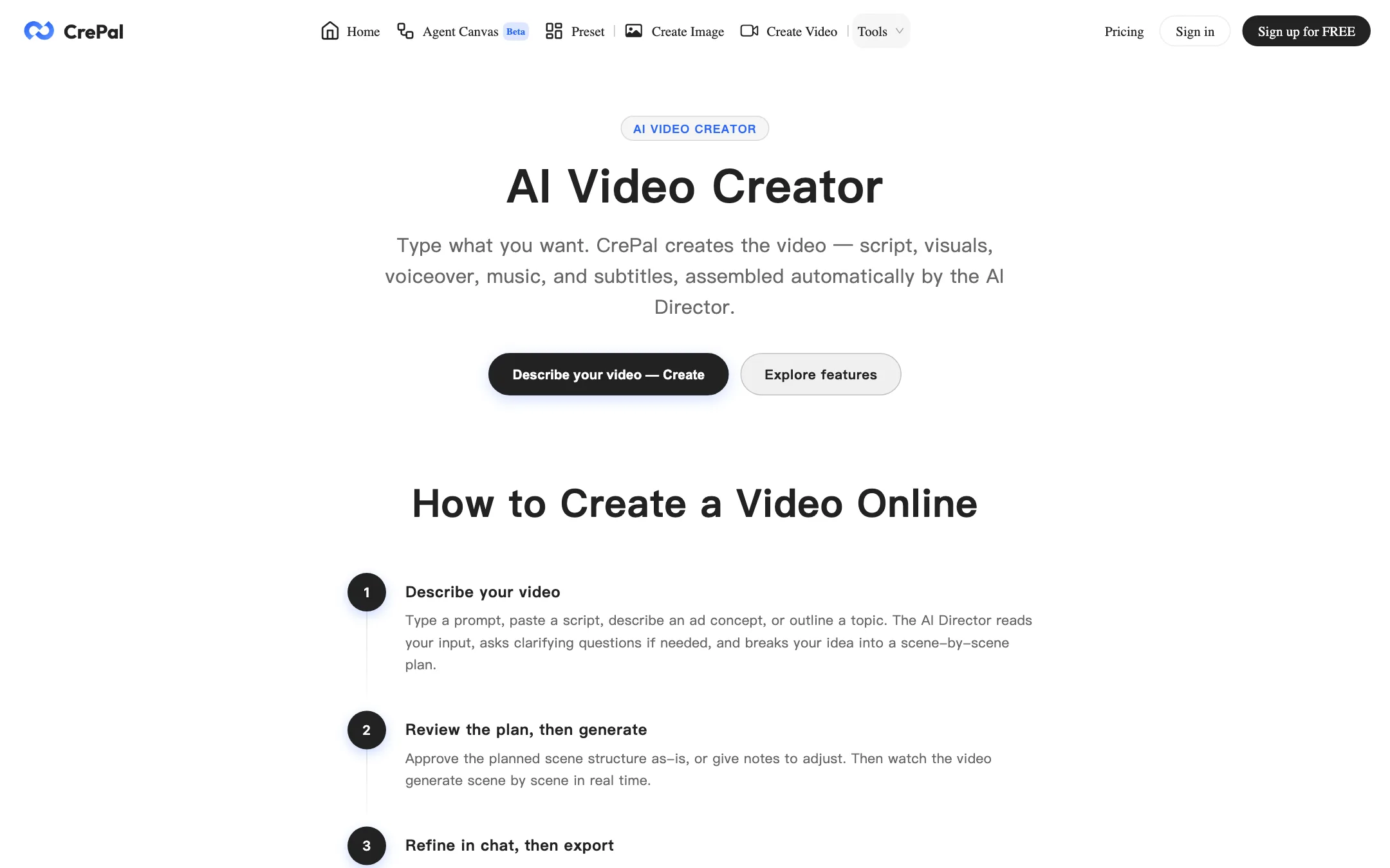 CrePal AI Video Creator page describing the describe, review and refine workflow