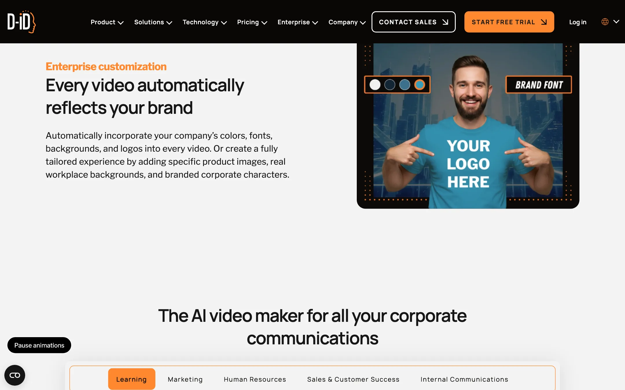 D-ID Creative Reality Studio page showing brand customization on an avatar