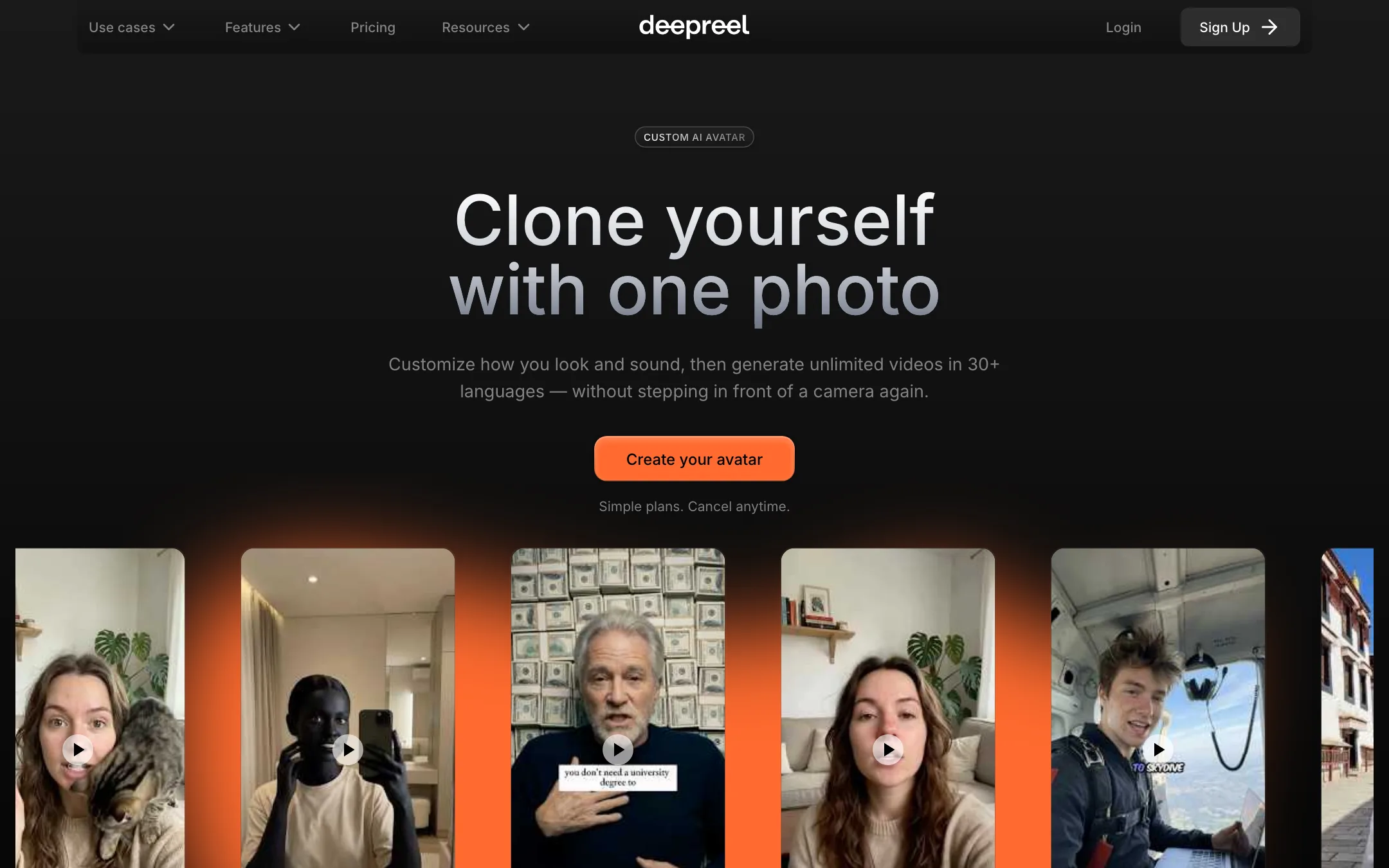 DeepReel custom avatar page headline: Clone yourself with one photo
