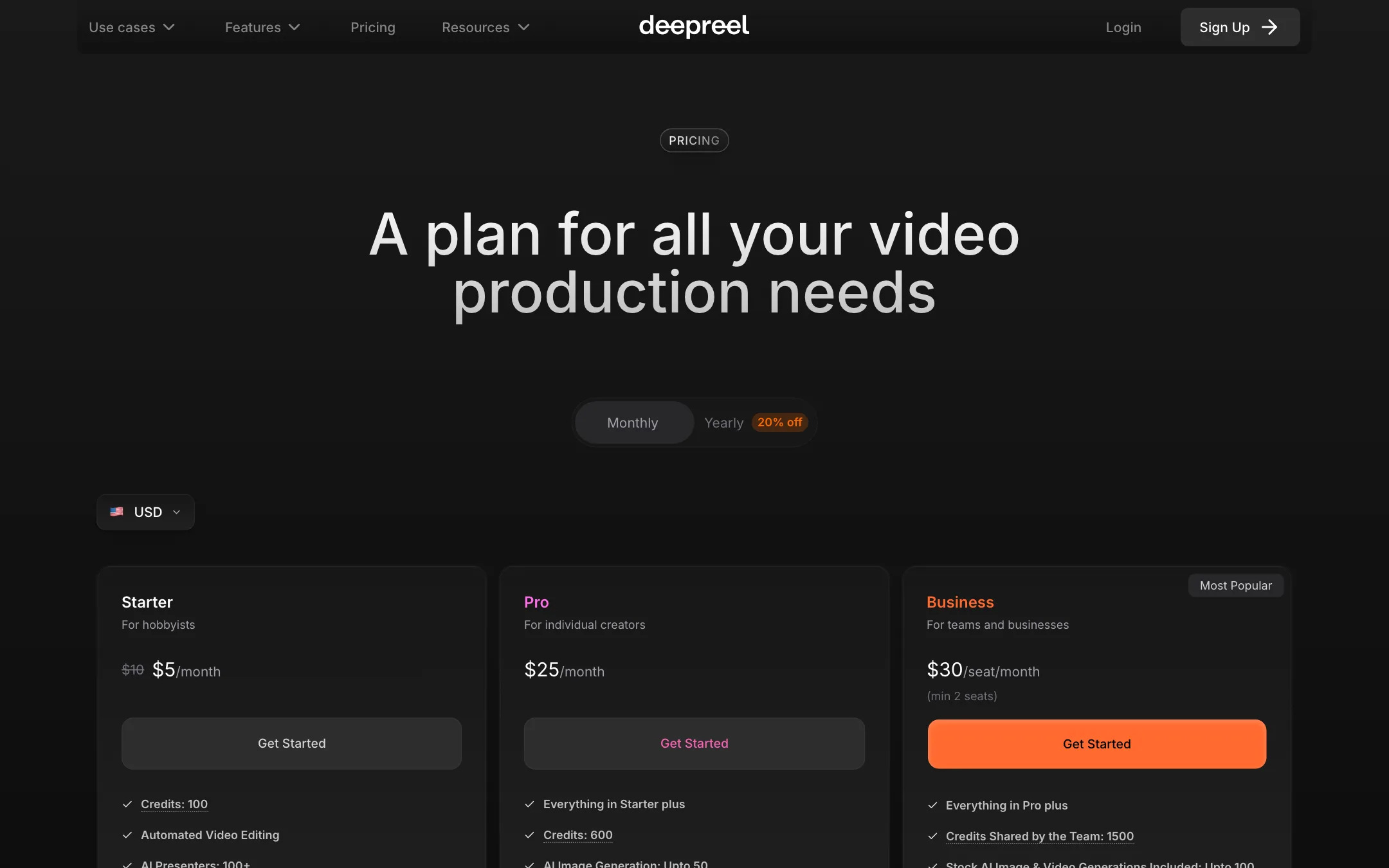 DeepReel pricing page with Starter at $5 down from $10, Pro at $25 and Business at $30 per seat