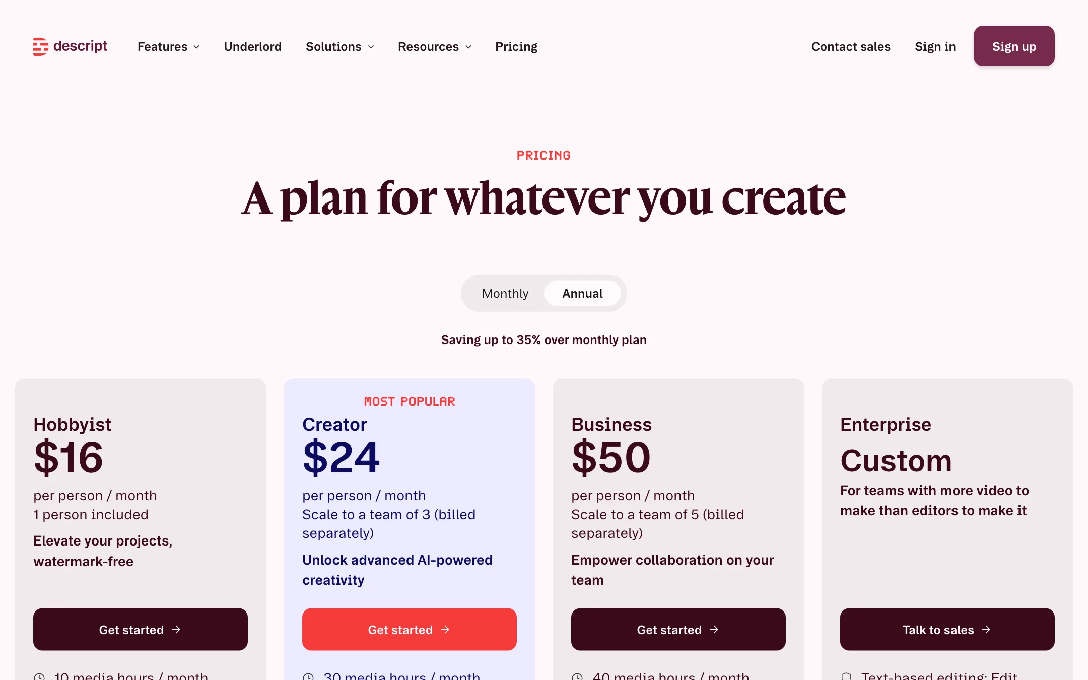 Descript pricing page with Hobbyist, Creator, Business and Enterprise plans