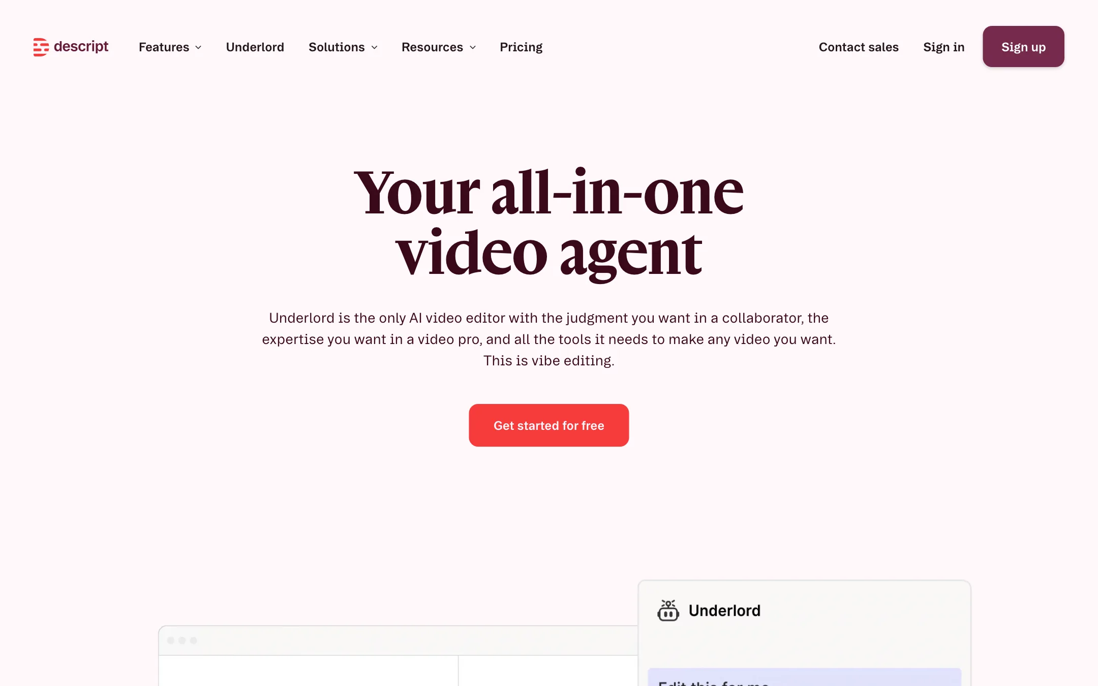 Descript Underlord page describing the AI video agent