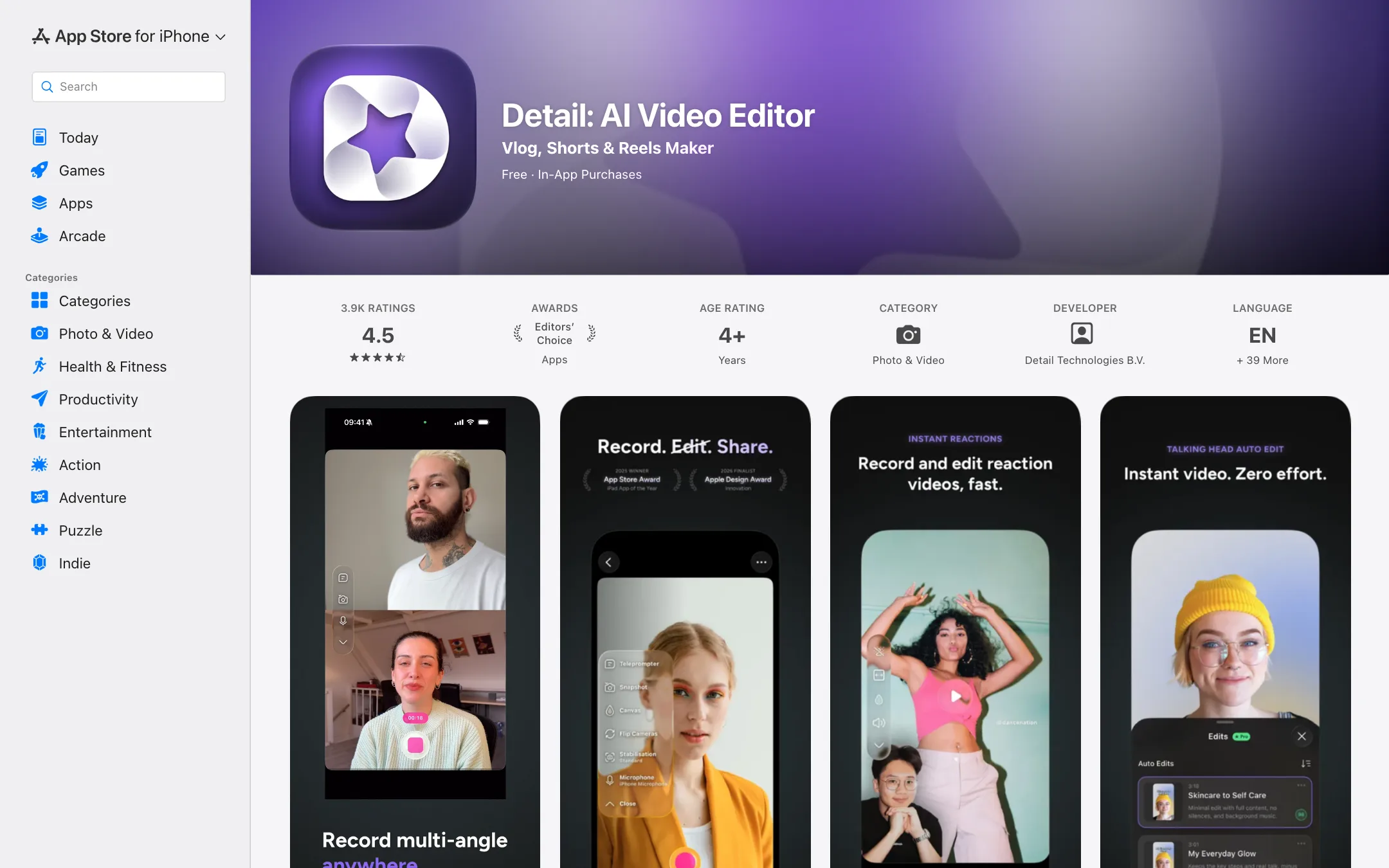 Detail: AI Video Editor on the App Store with a 4.5 rating and Editors' Choice badge