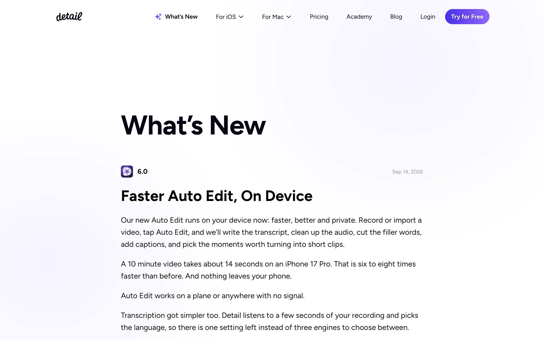 Detail What's New page showing version 6.0, Faster Auto Edit, On Device