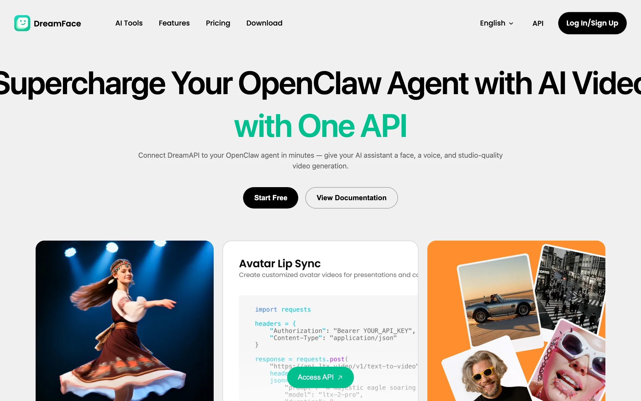 DreamAPI landing page offering lip sync, DreamAct and AI voice APIs