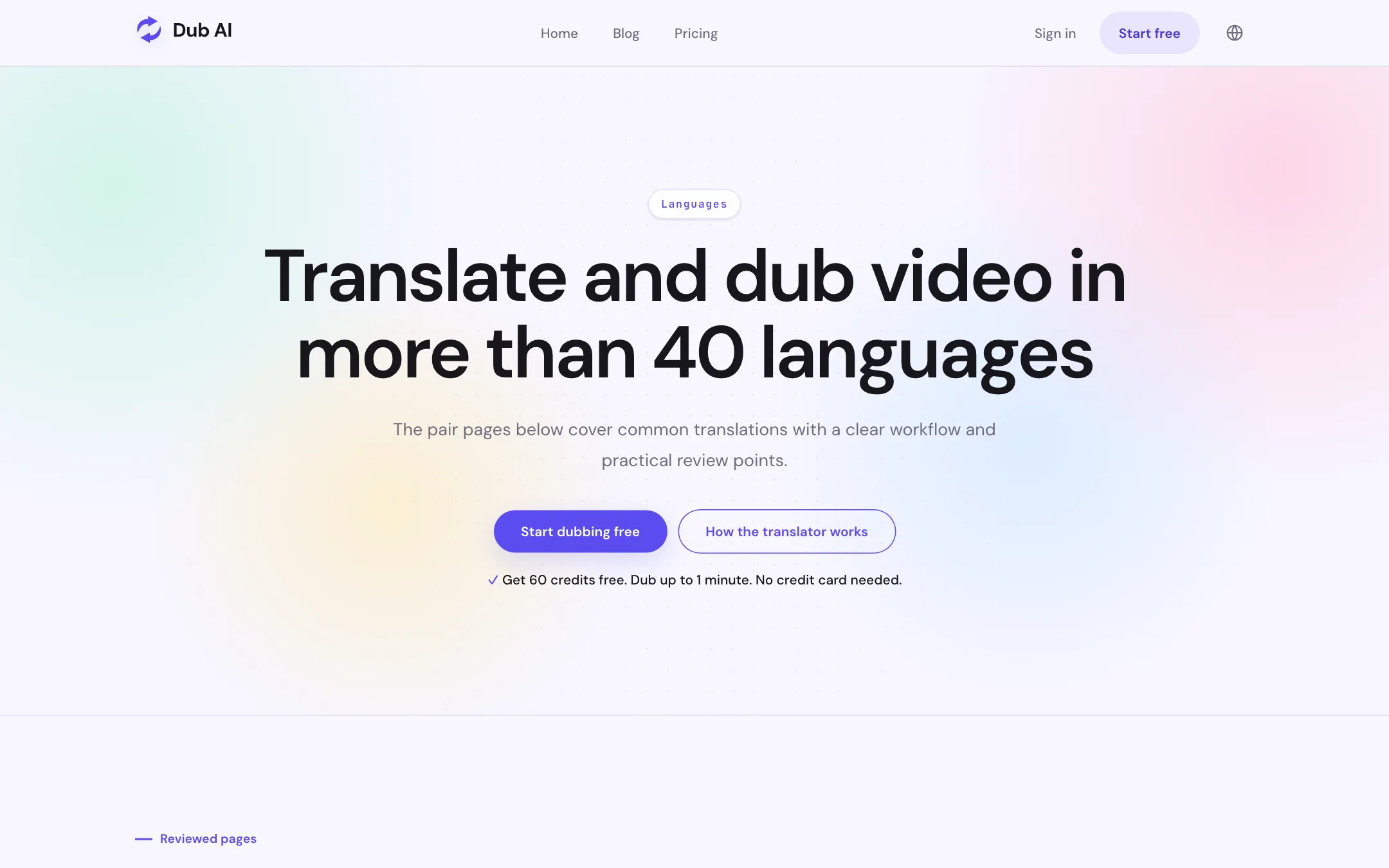 Dub AI supported languages page with common translation pairs