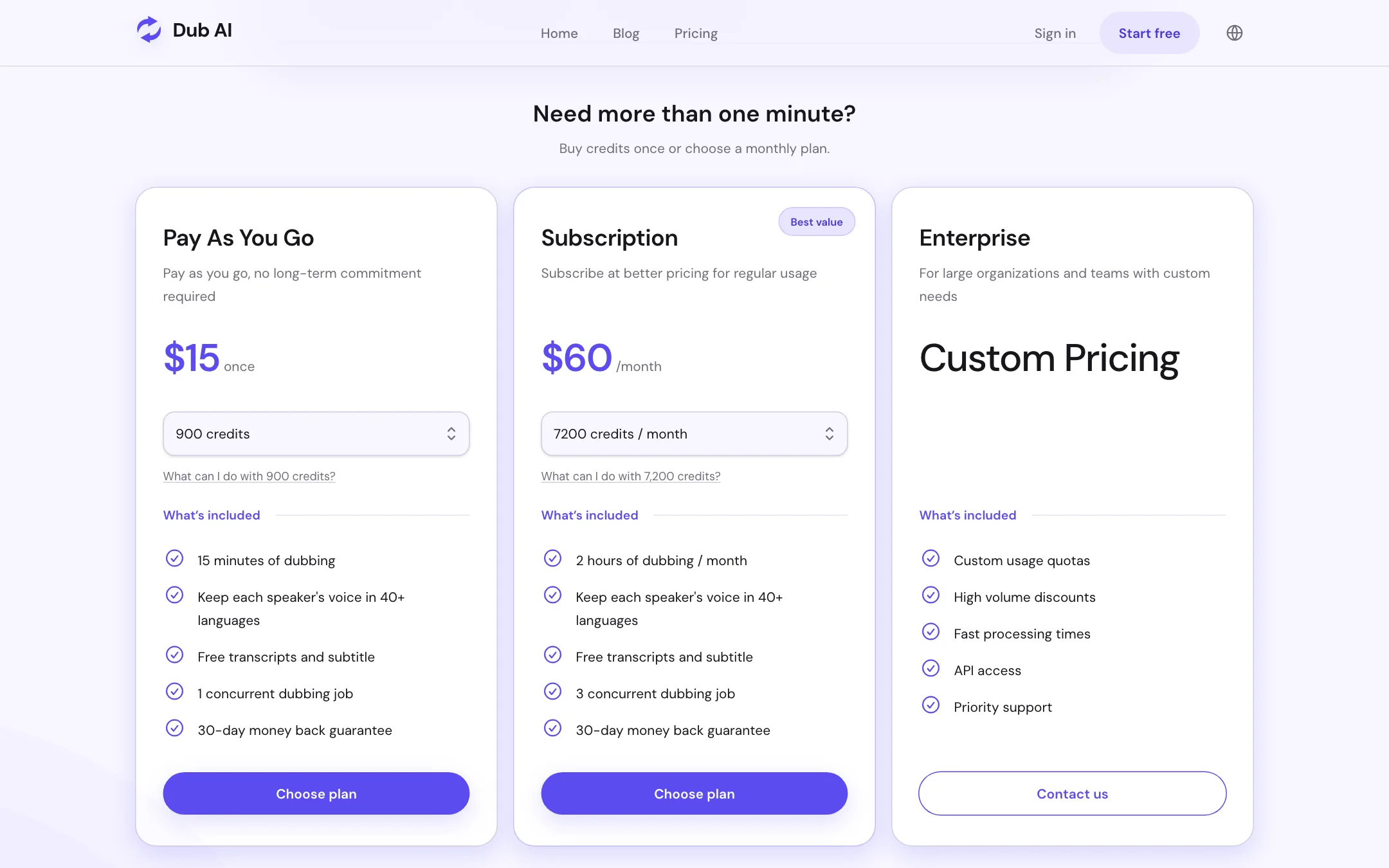Dub AI pricing with a $15 pay-as-you-go pack and a $60 monthly subscription