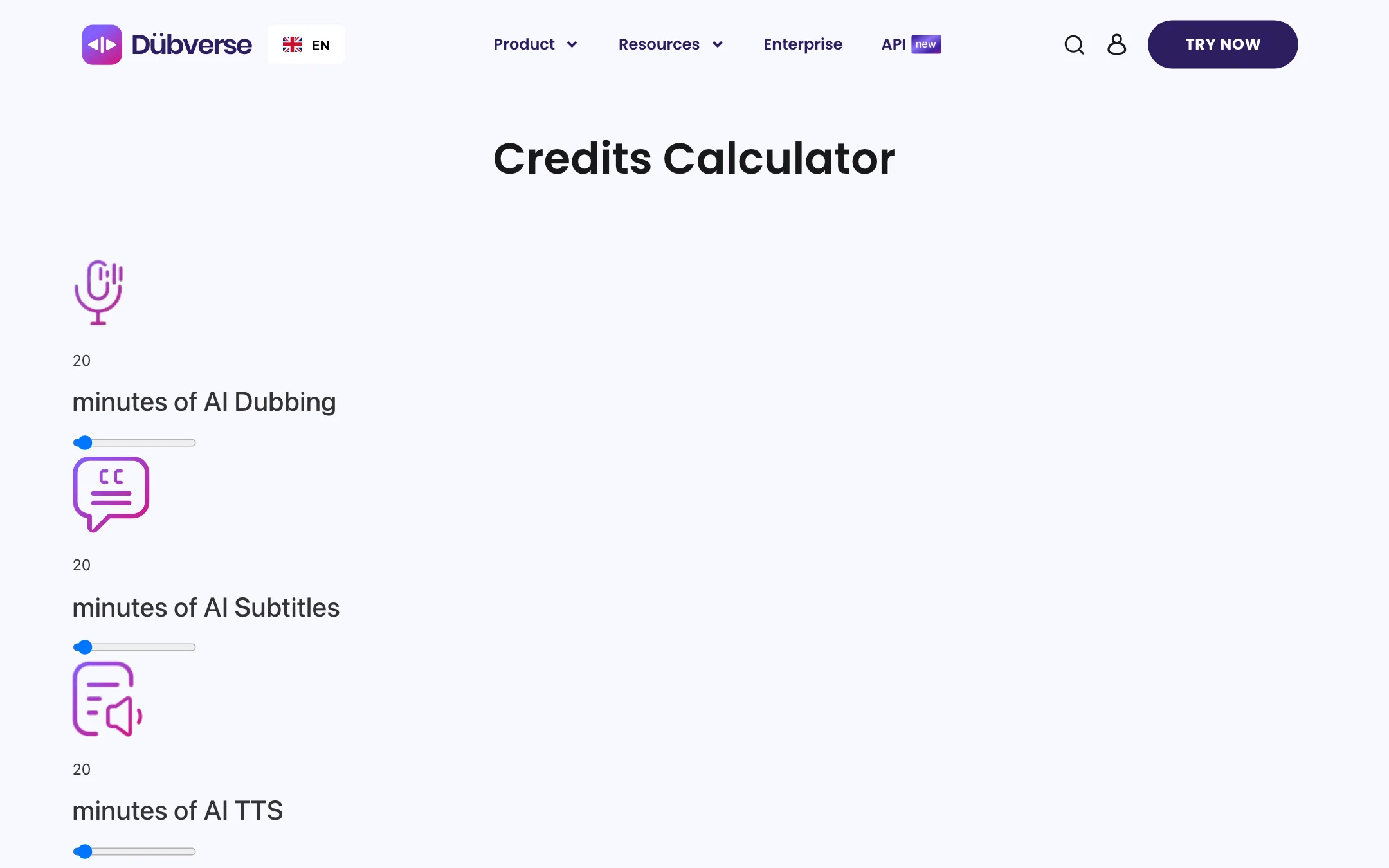 Dubverse credits calculator showing minutes of dubbing, subtitles and TTS