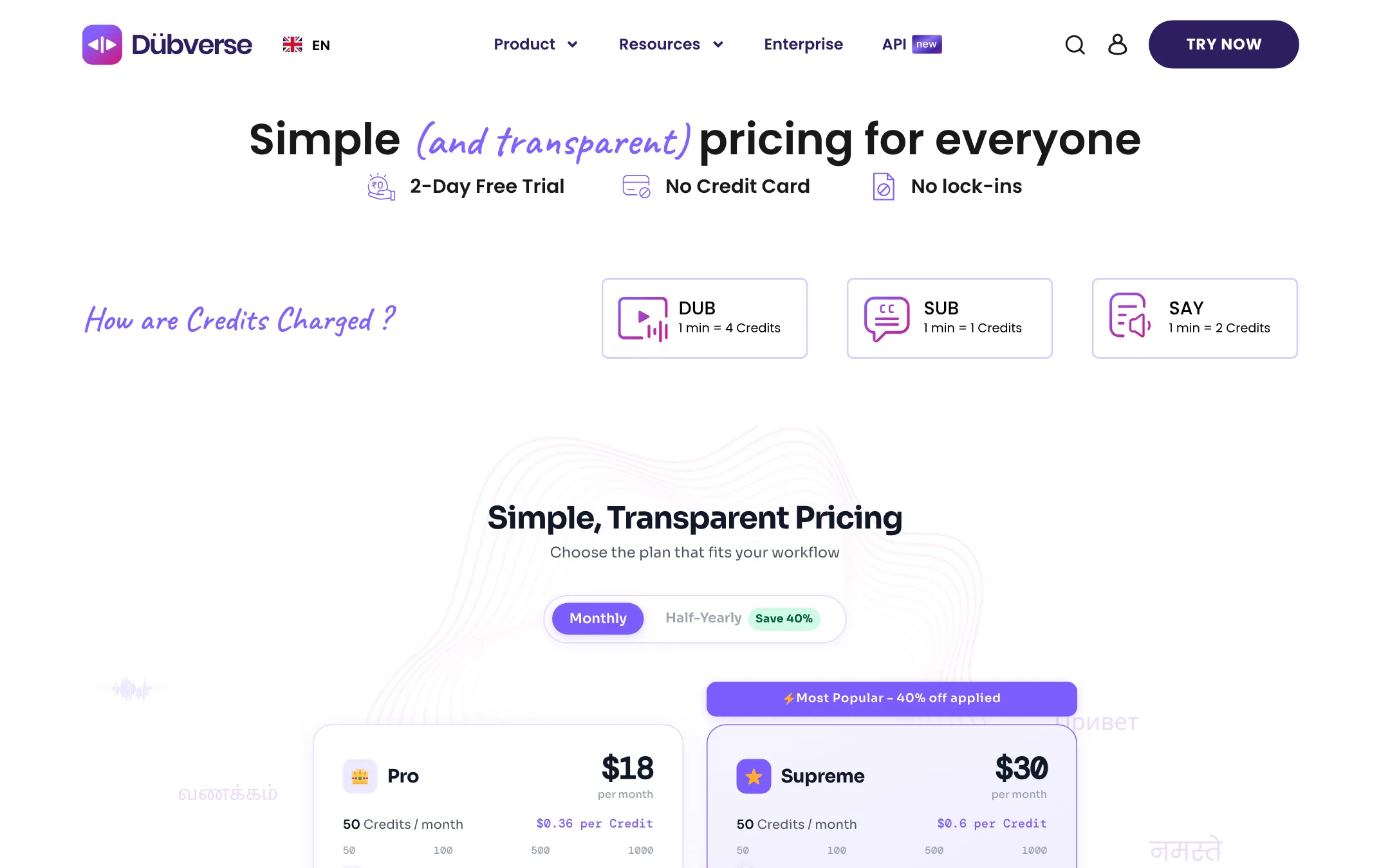 Dubverse pricing page with the Pro and Supreme plans