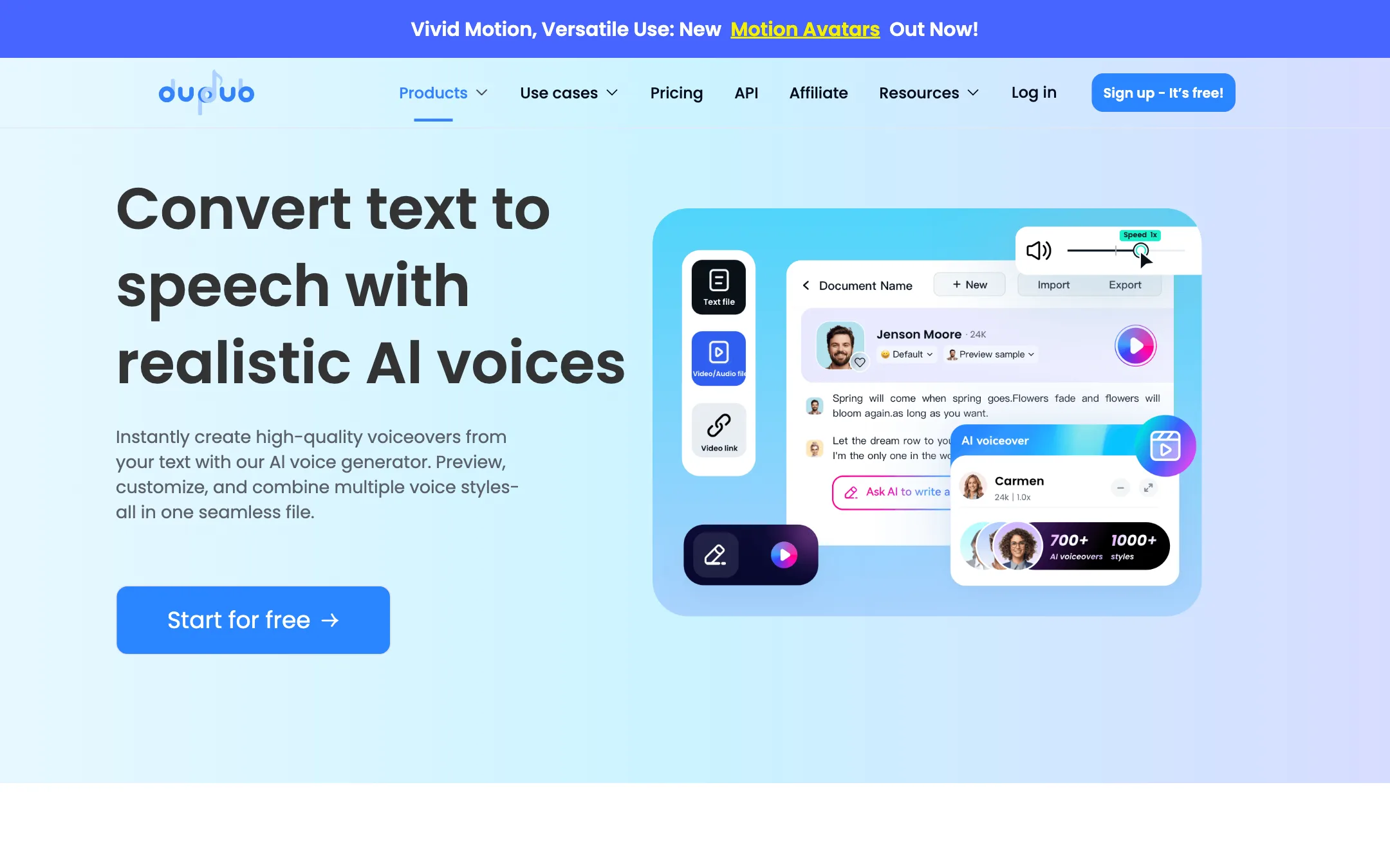 DupDub text to speech page showing the voiceover editor
