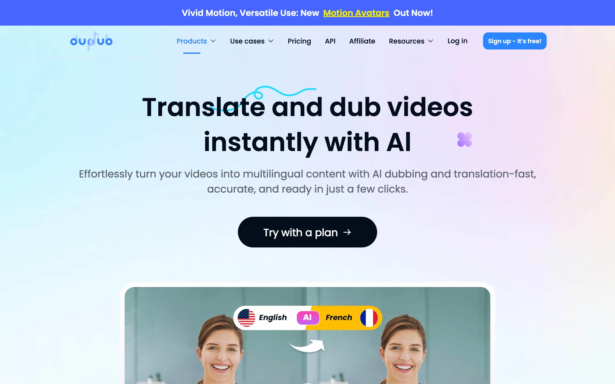 DupDub video translation page with the headline Translate and dub videos instantly with AI
