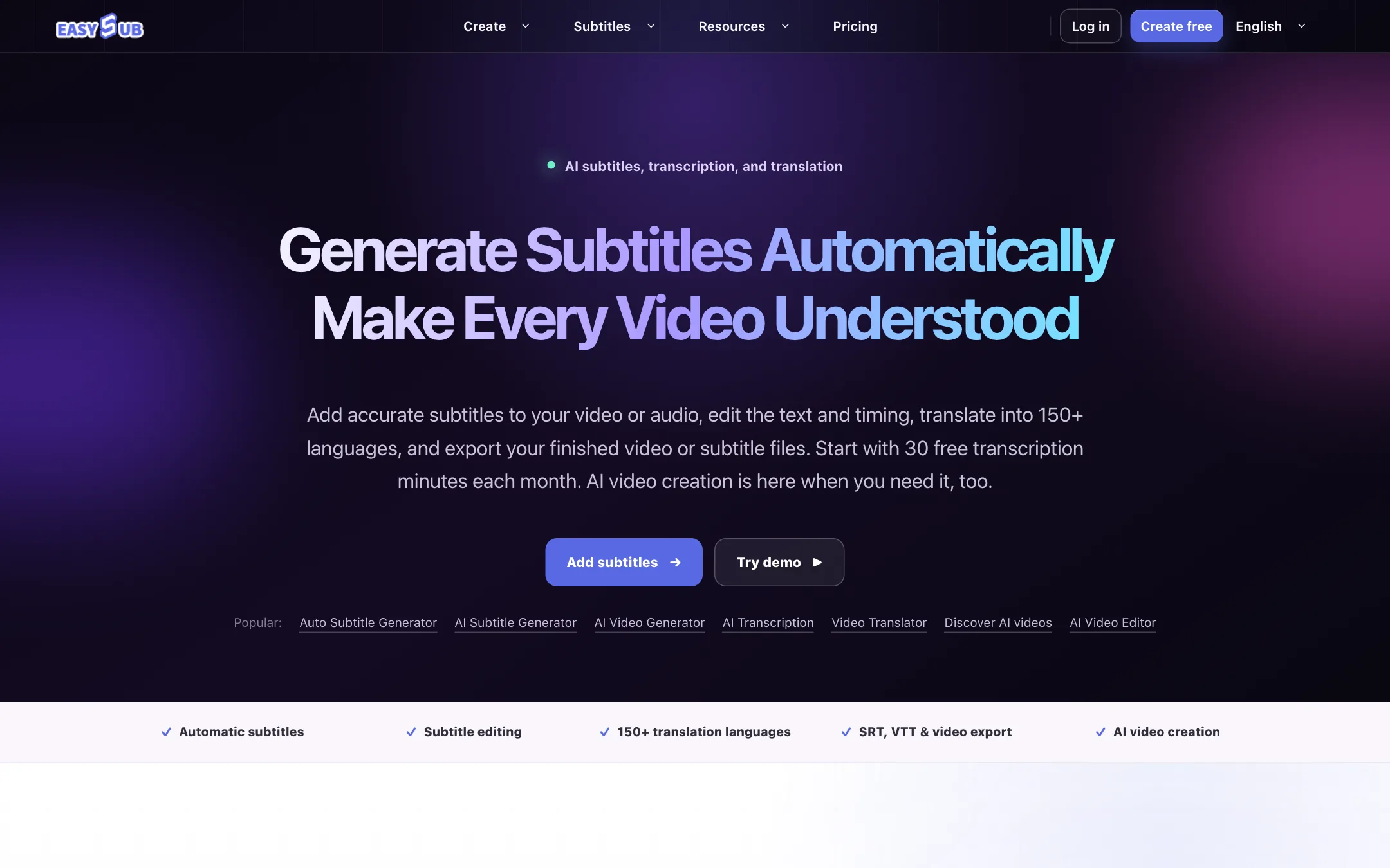 EasySub homepage headline: Generate Subtitles Automatically, Make Every Video Understood