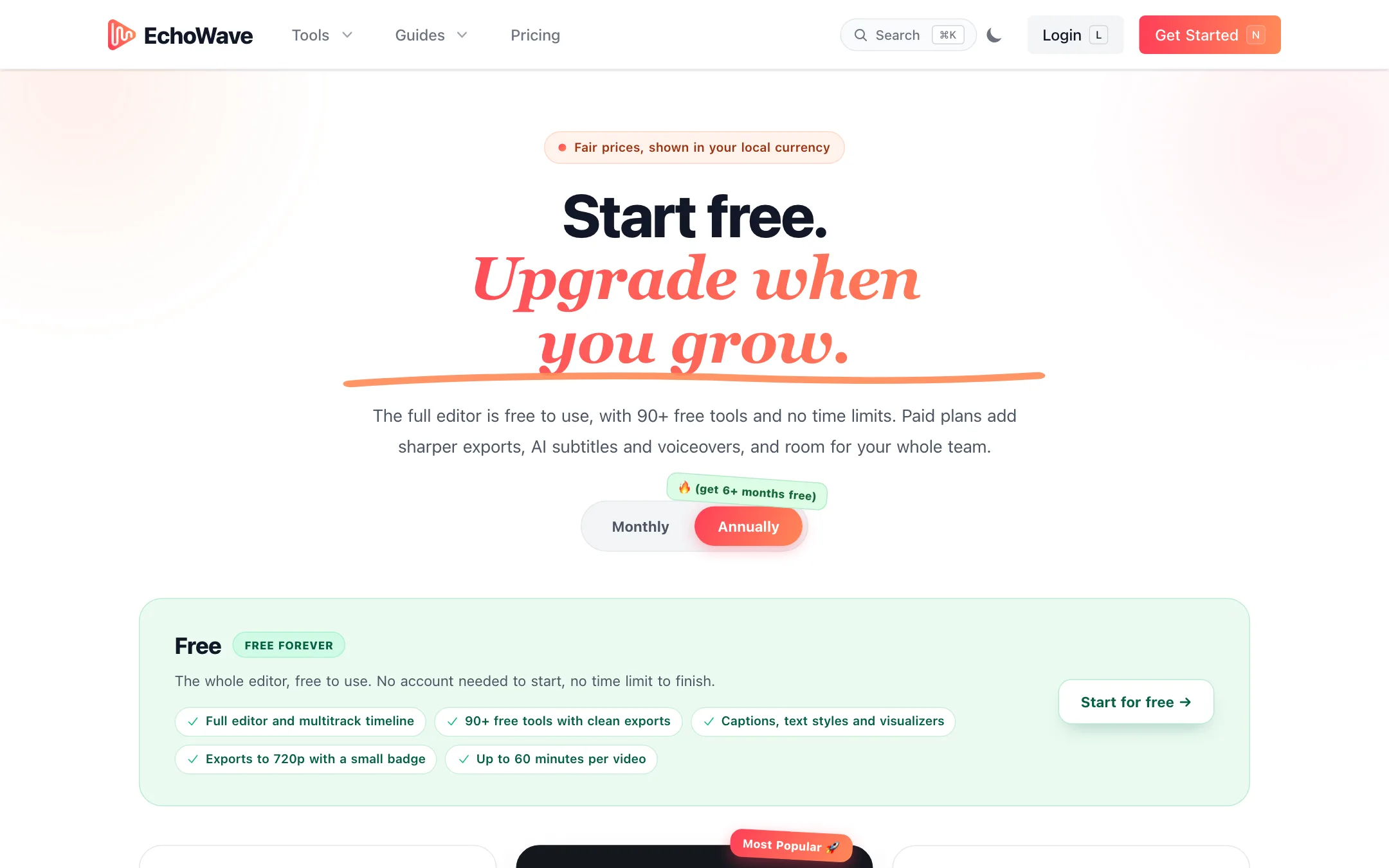 EchoWave pricing page with Free, Basic, Pro and Business plans