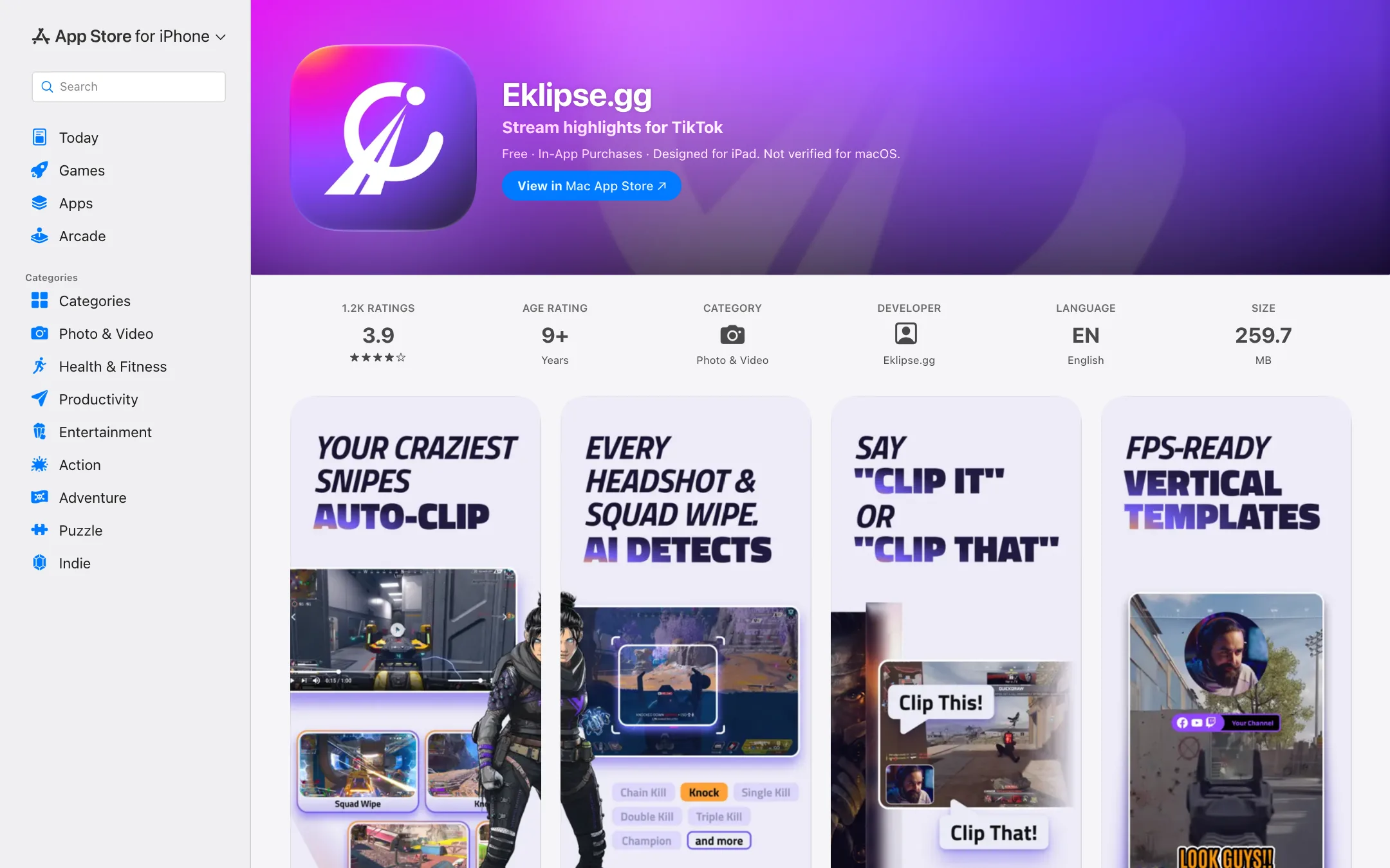Eklipse.gg app listing on the Apple App Store