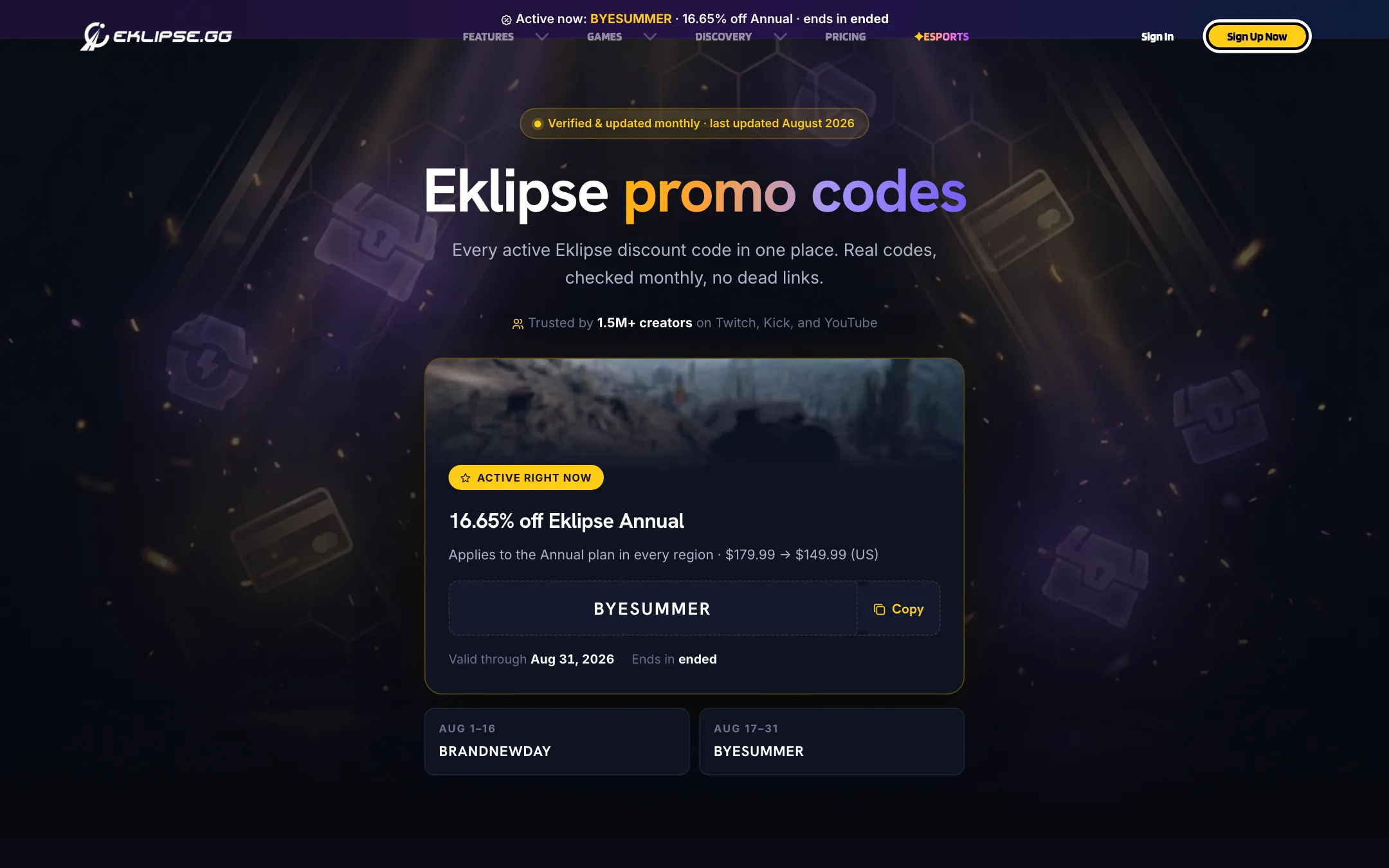 Eklipse promo code page showing annual plan pricing
