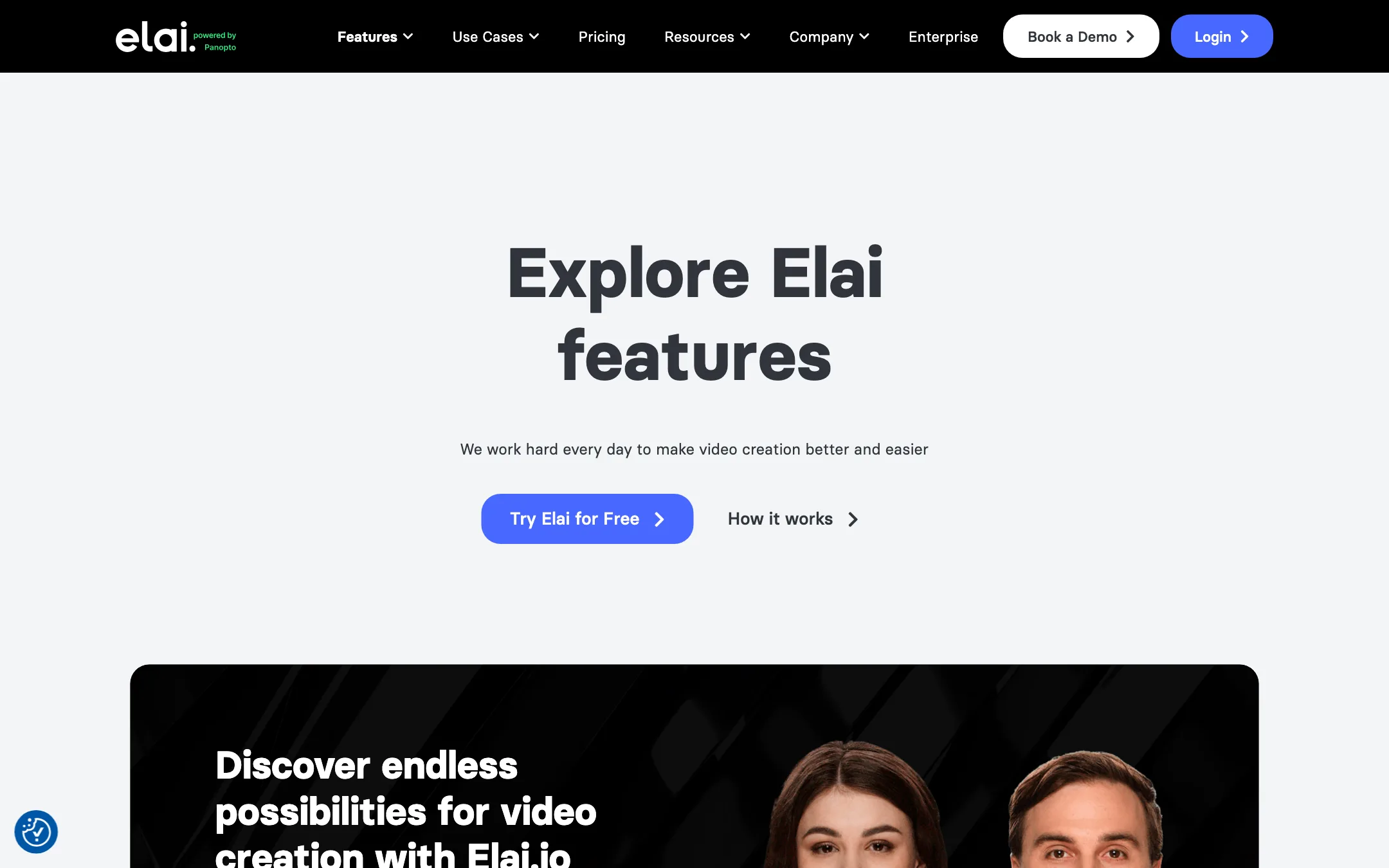 Elai features page header with sample AI presenters