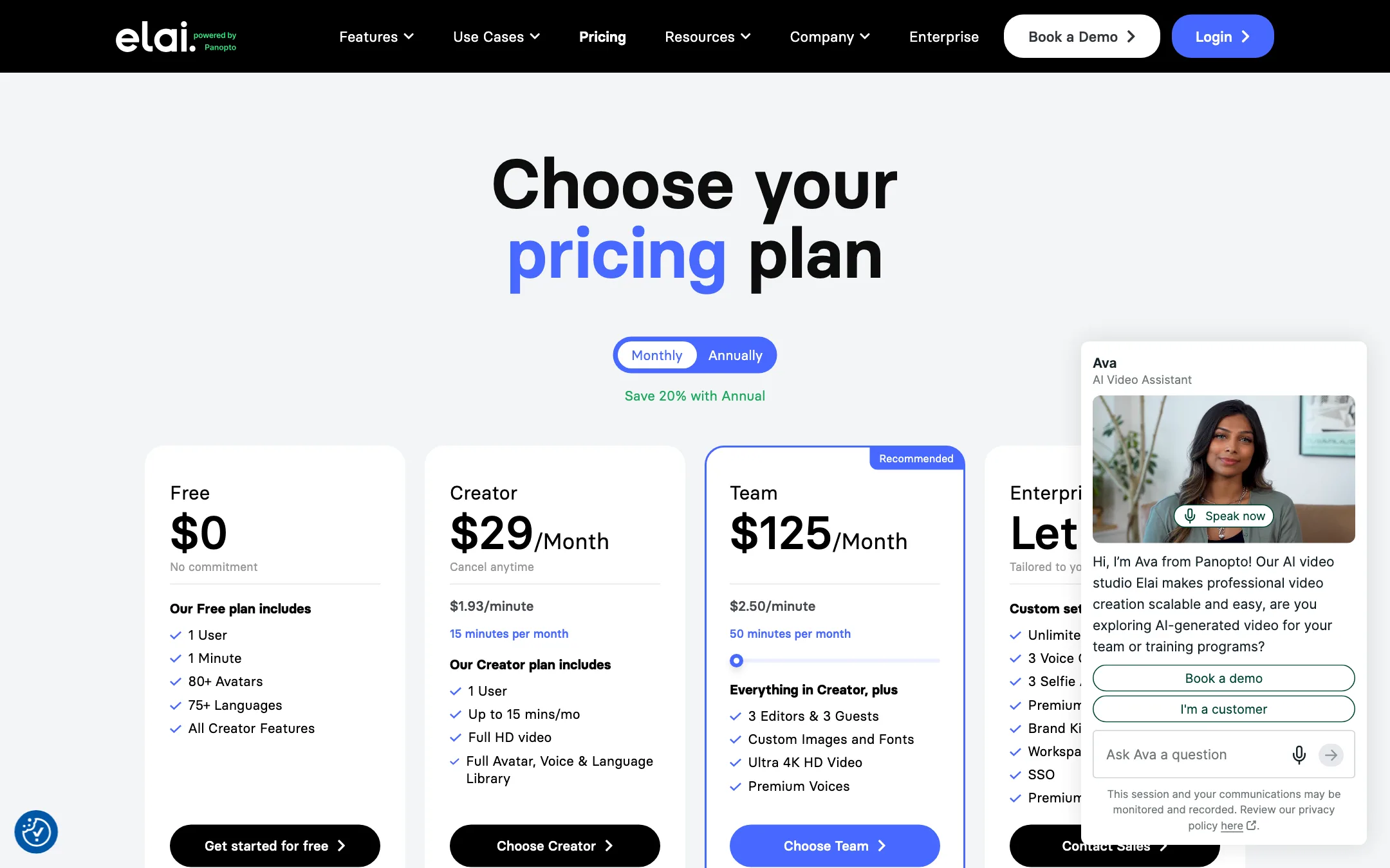 Elai pricing page with Free, Creator, Team and Enterprise plans