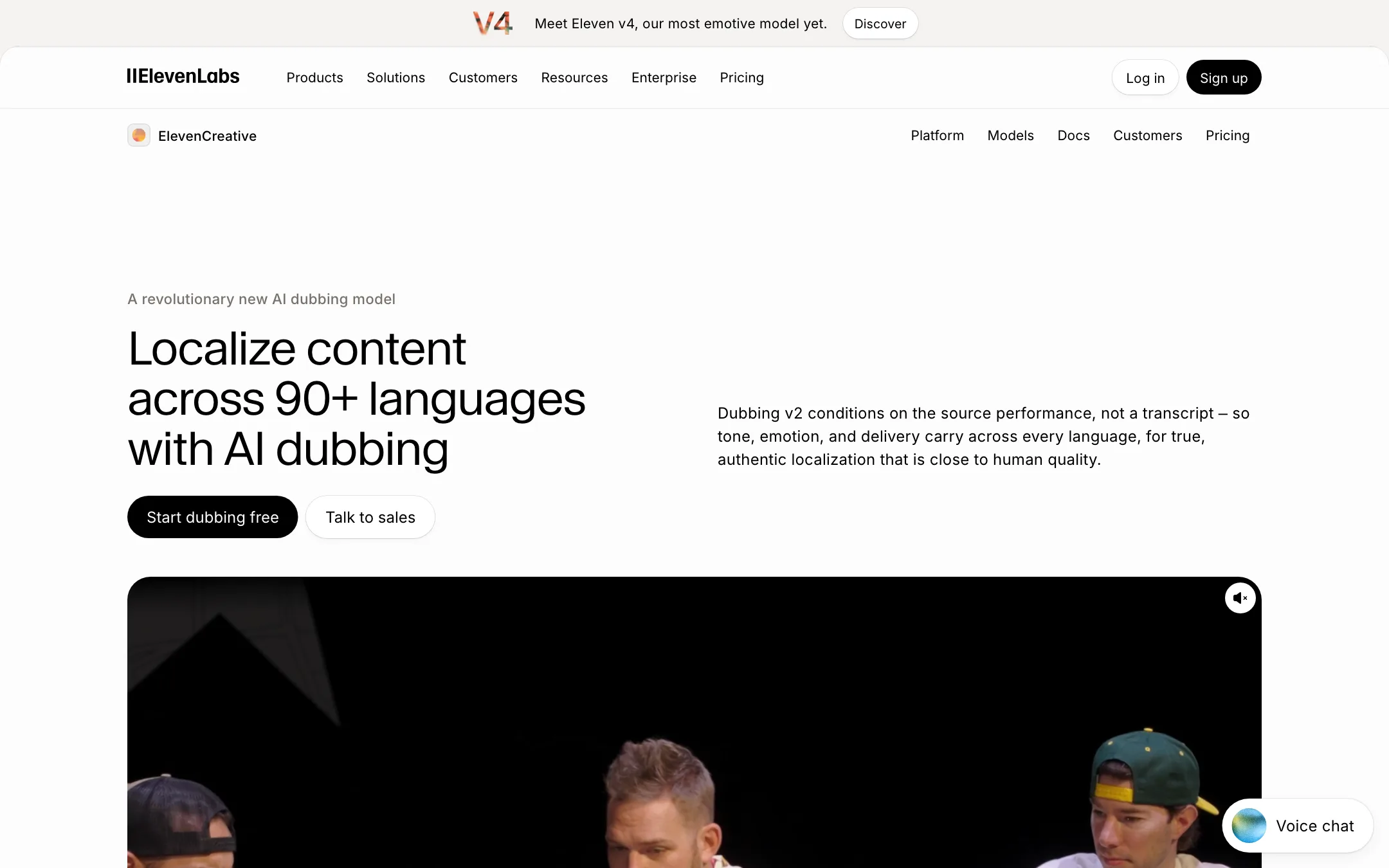 ElevenLabs Dubbing v2 page: localize content across 90+ languages