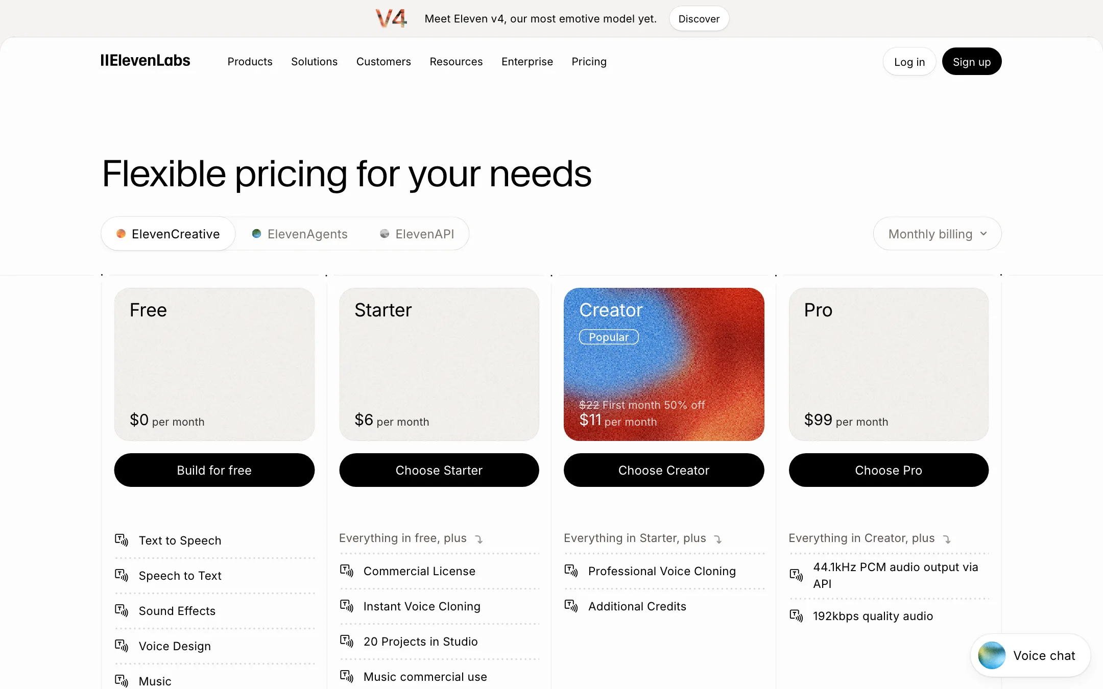ElevenLabs pricing page with Free, Starter, Creator and Pro plans