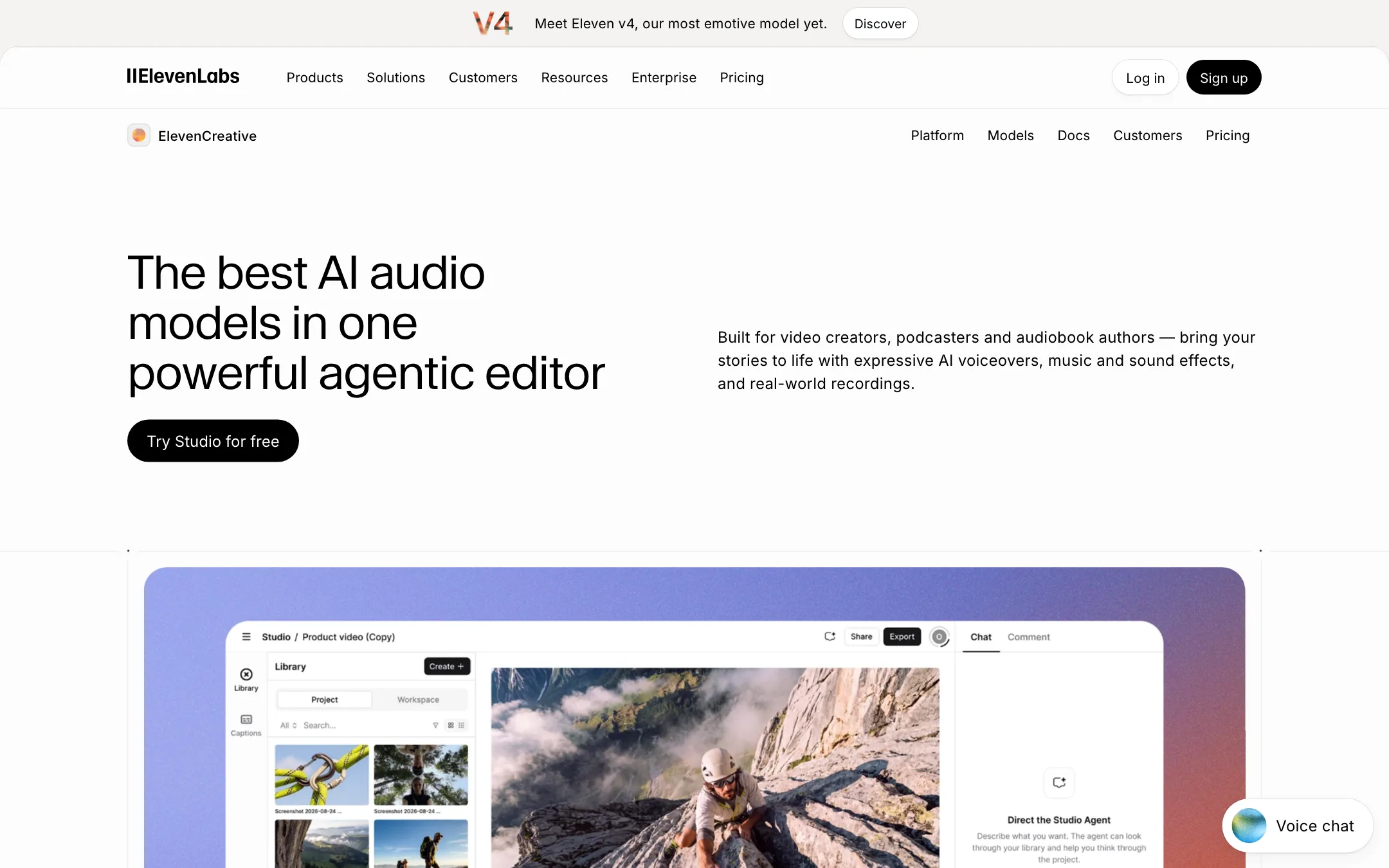 ElevenLabs Studio editor page with the Studio Agent panel
