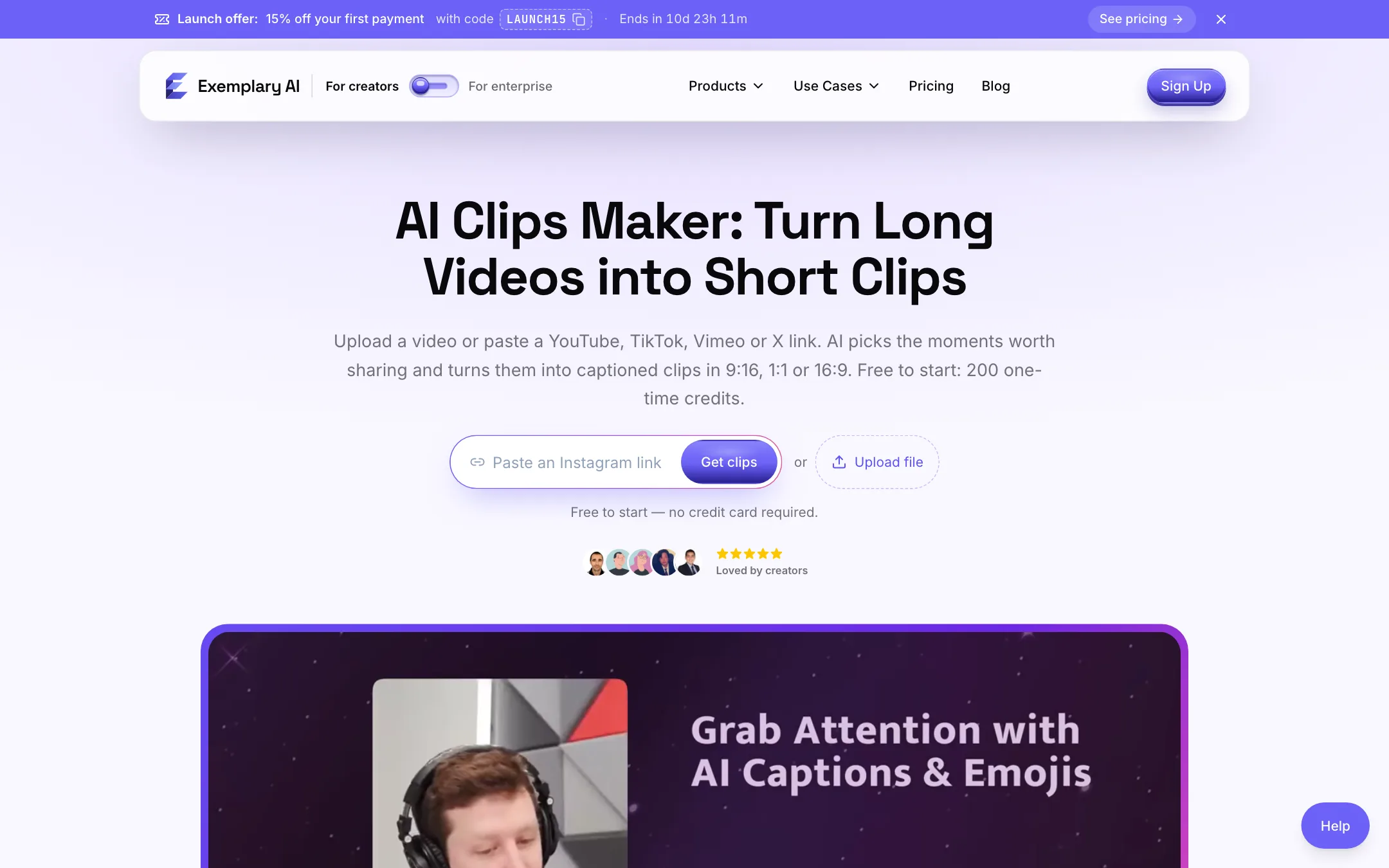 Exemplary AI Clips page explaining long video to short clips