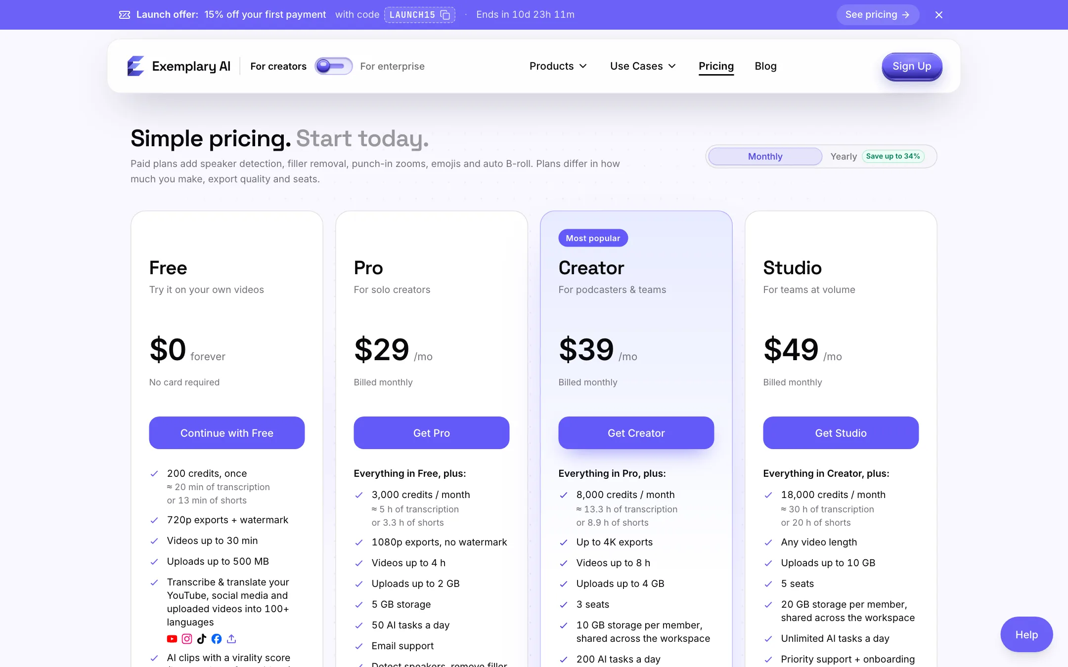 Exemplary AI pricing page with Free, Pro, Creator and Studio plans