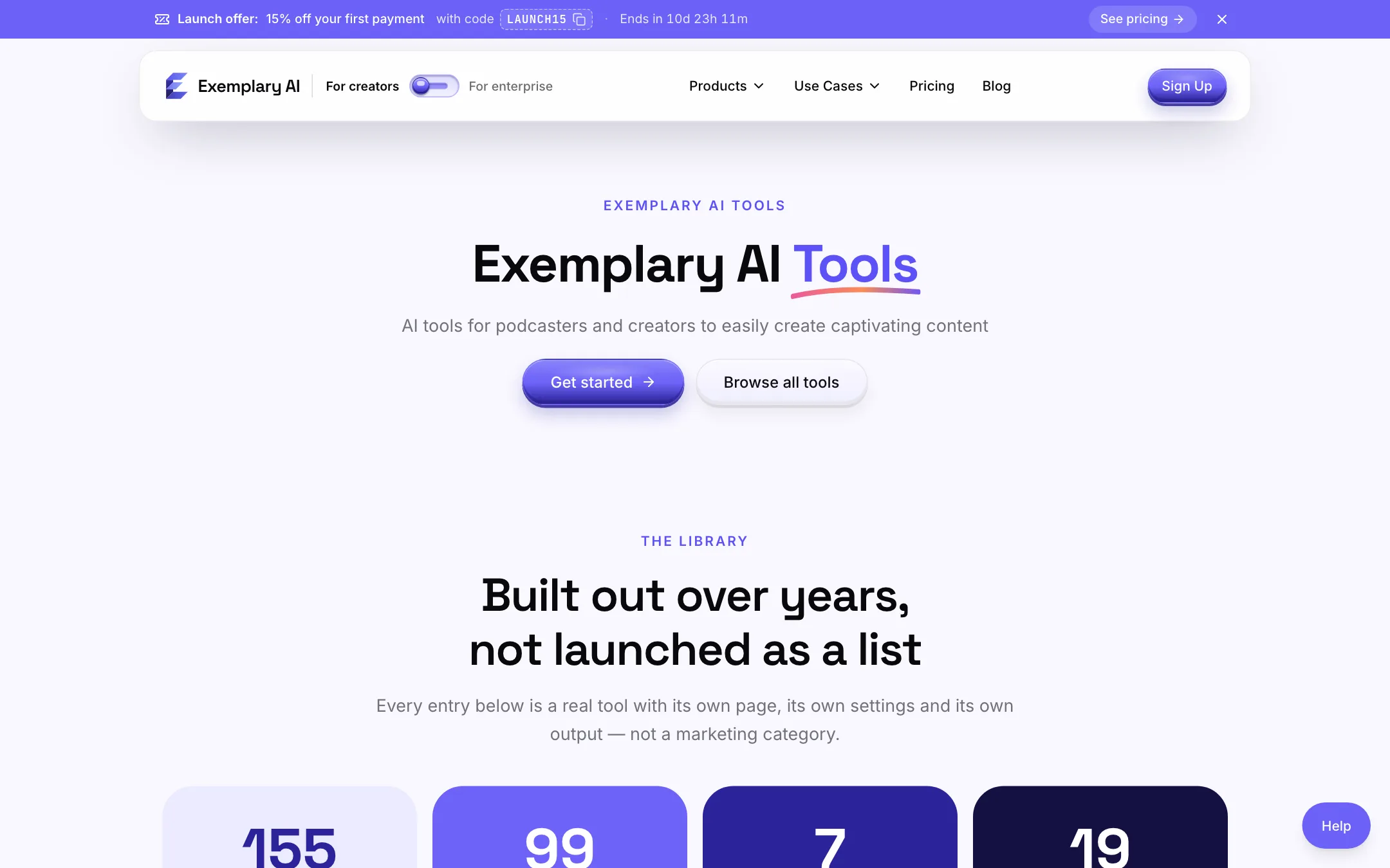 Exemplary AI tools library page listing transcription, clip and subtitle tools